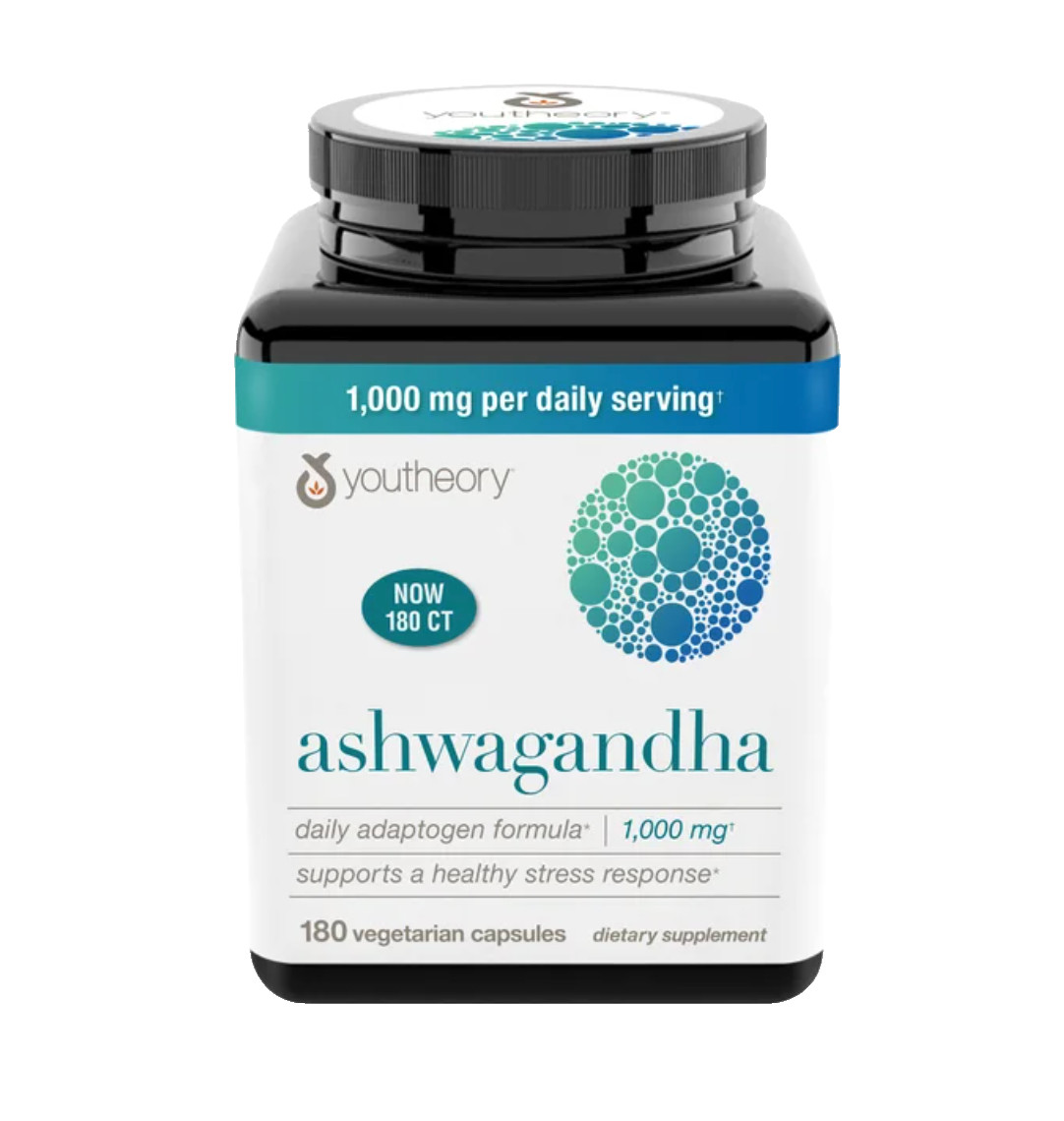 Youtheory Ashwagandha 1000mg KSM-66 Stress Support 180 Veggie Capsules.,