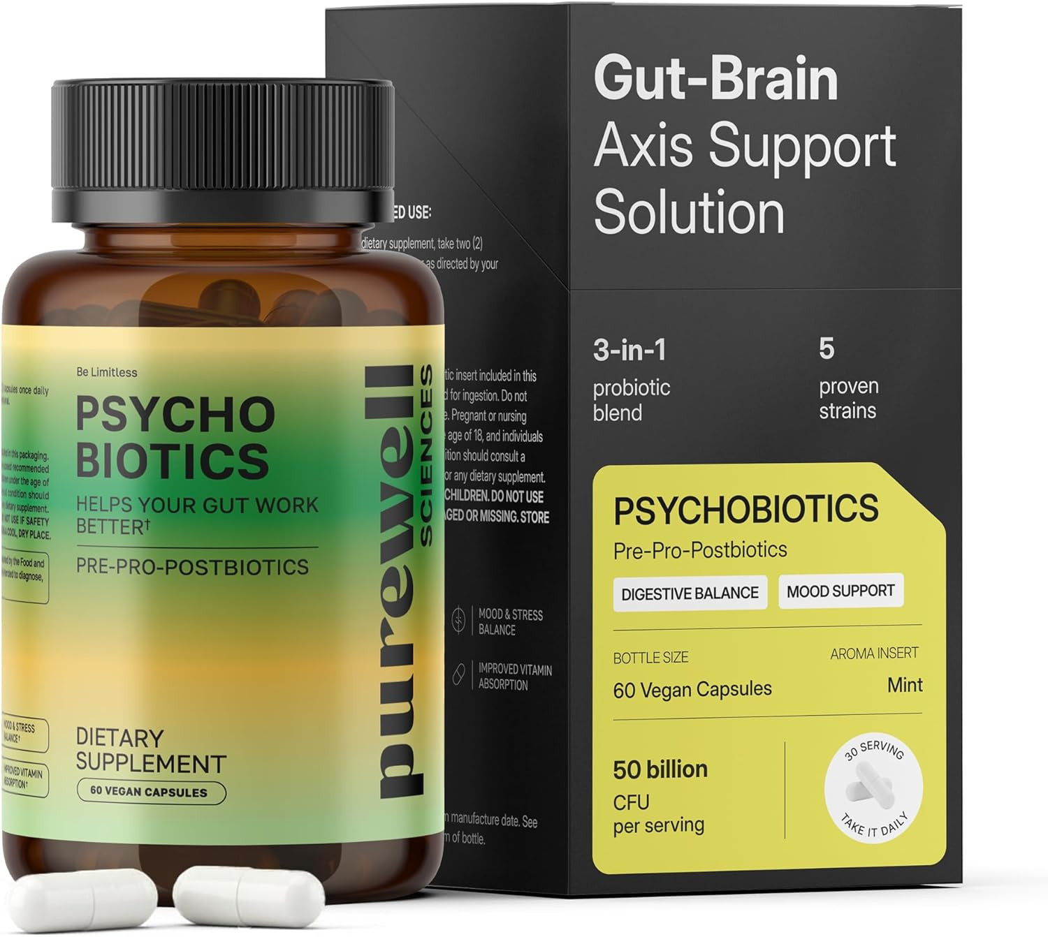 Psychobiotics – Advanced 3-In-1 Probiotic Prebiotic Postbiotic Supplement for Gu