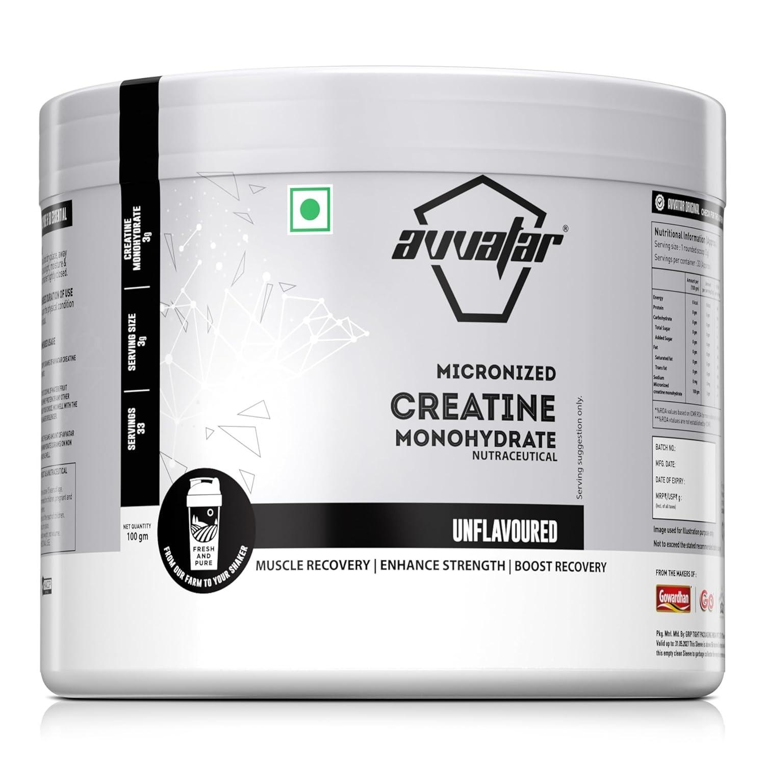 Micronized Creatine Monohydrate Powder (100 G,33 Servings)|Unflavoured|