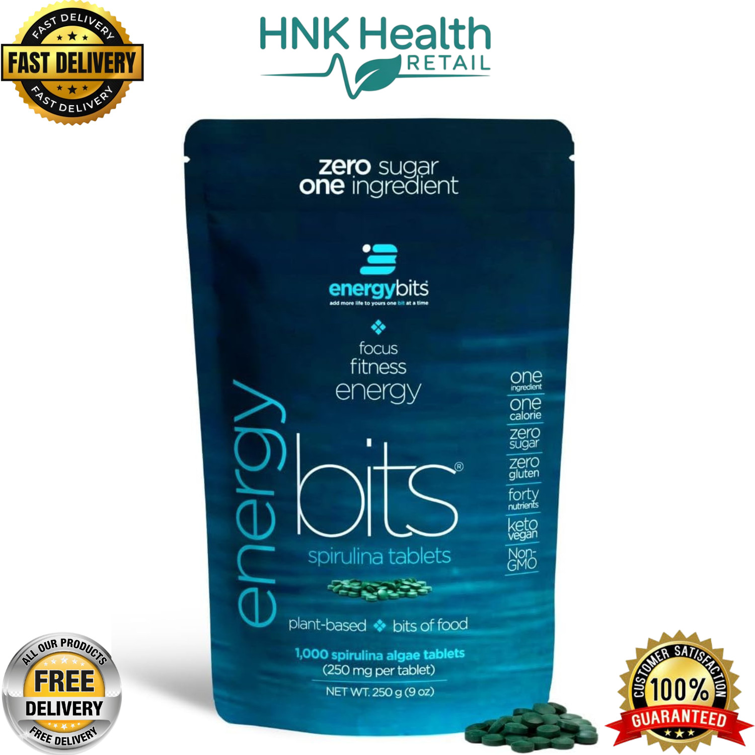 ENERGYBITS – Organic Spirulina Tablets – Plant-Based Algae Superfood – 1000 CT