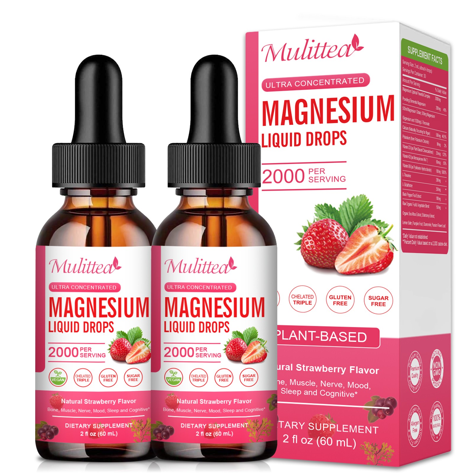 2PACK Magnesium Liquid Drops 2000mg Bone, Muscle, Nerve, Mood, Sleep Support