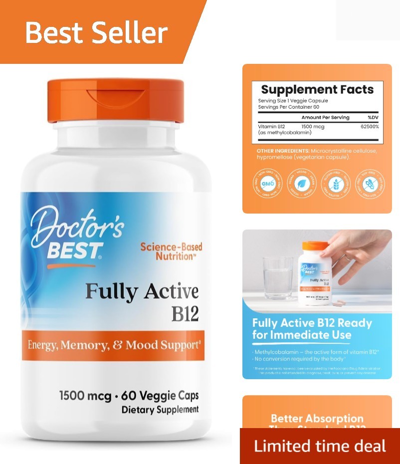 Superior Absorption Fully Active B12 1500 mcg – , Gluten-Free, 60 Capsules