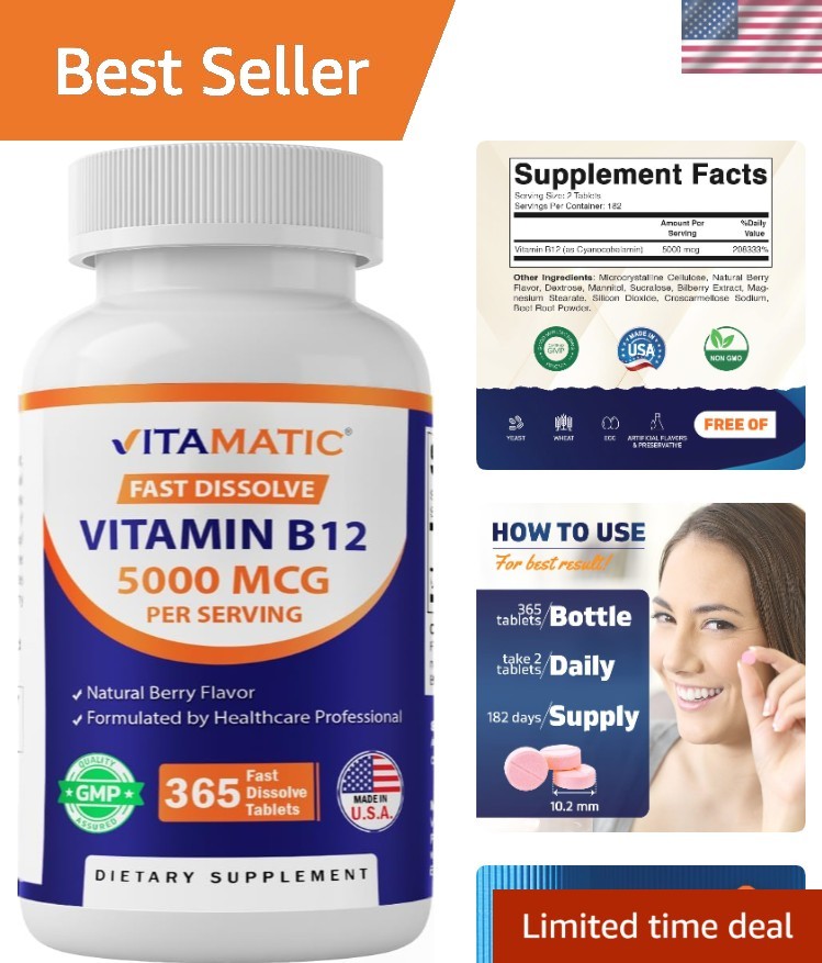 Fast Dissolve Vitamin B12 5000 mcg – Energy Support & Gluten-Free – 365 Tablets