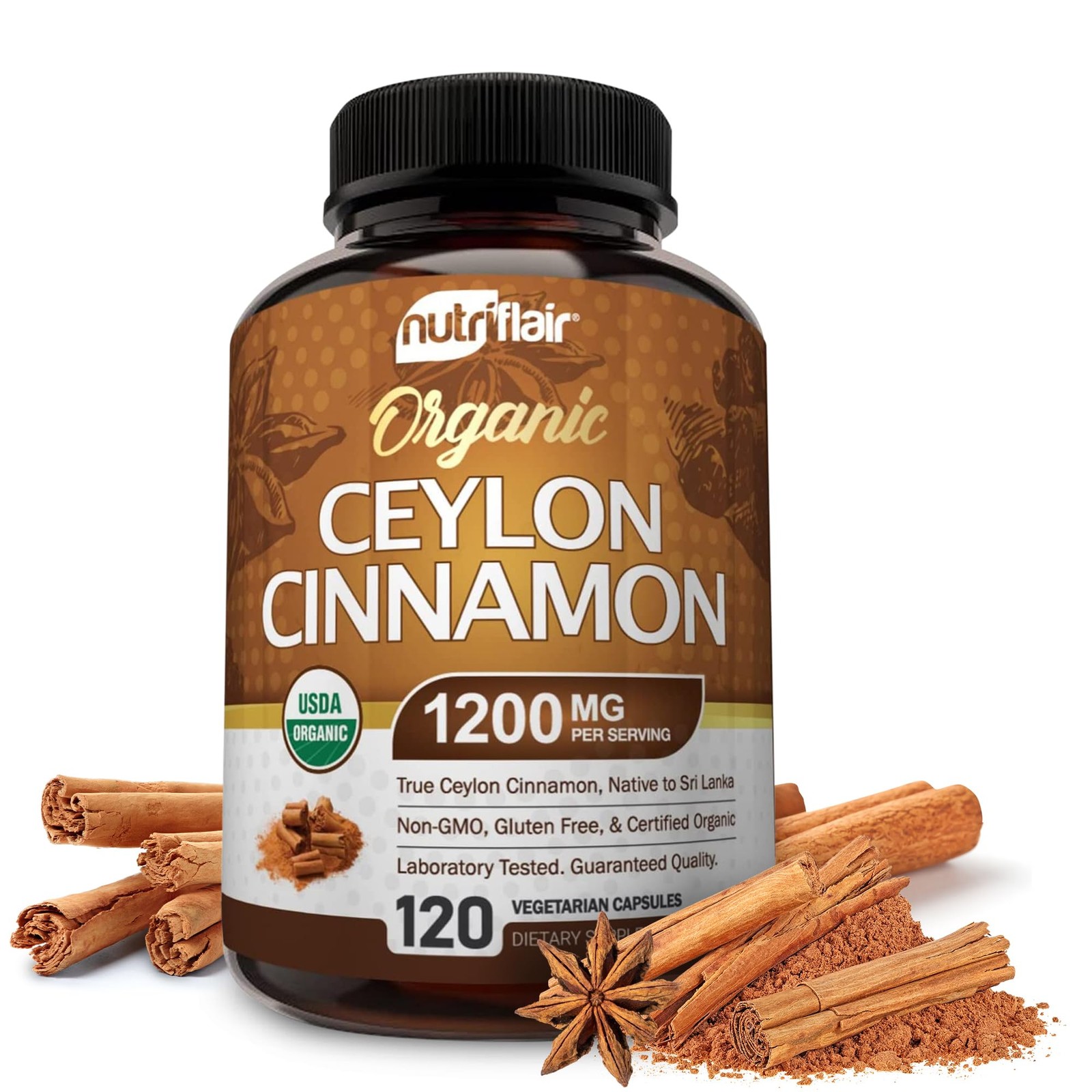 NutriFlair Organic Ceylon Cinnamon Supplement 1200mg, 120 Capsules – USDA