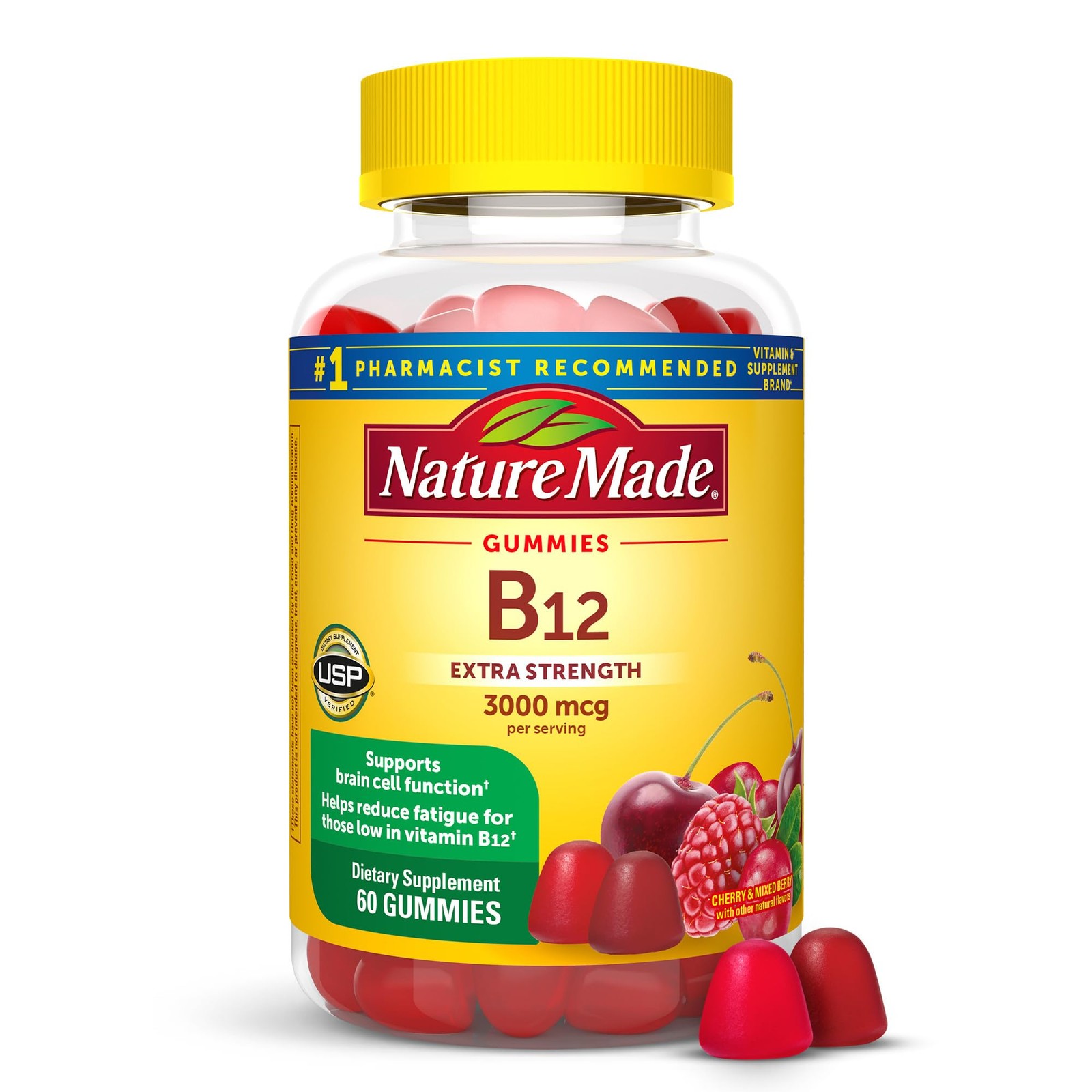 Nature Made Extra Strength Vitamin B12 Gummies 3000 60 Count (Pack of 1), Red