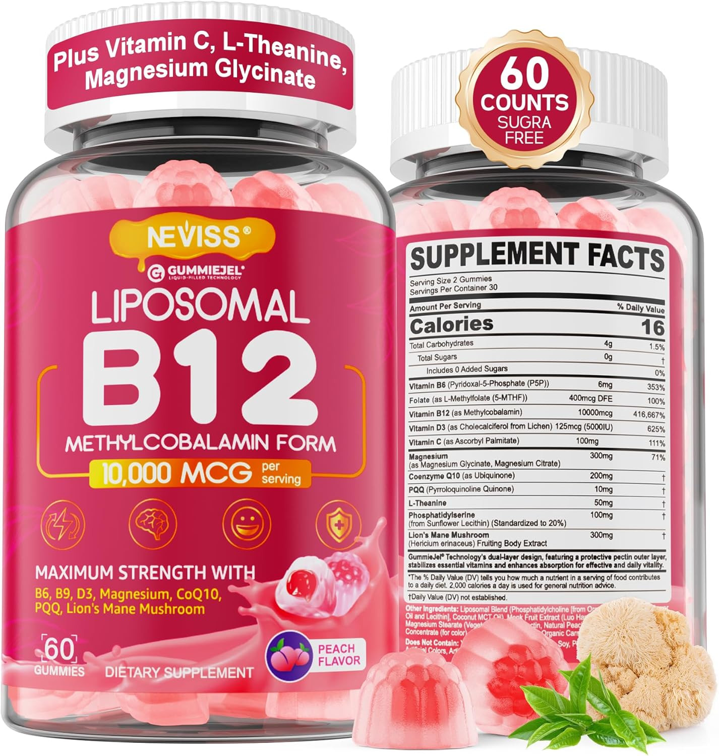 Methyl B12 Gummies 5000 Mcg 10000 Mcg W/L-Methylfolate, B6, D3 Vitamin C, Lion’S