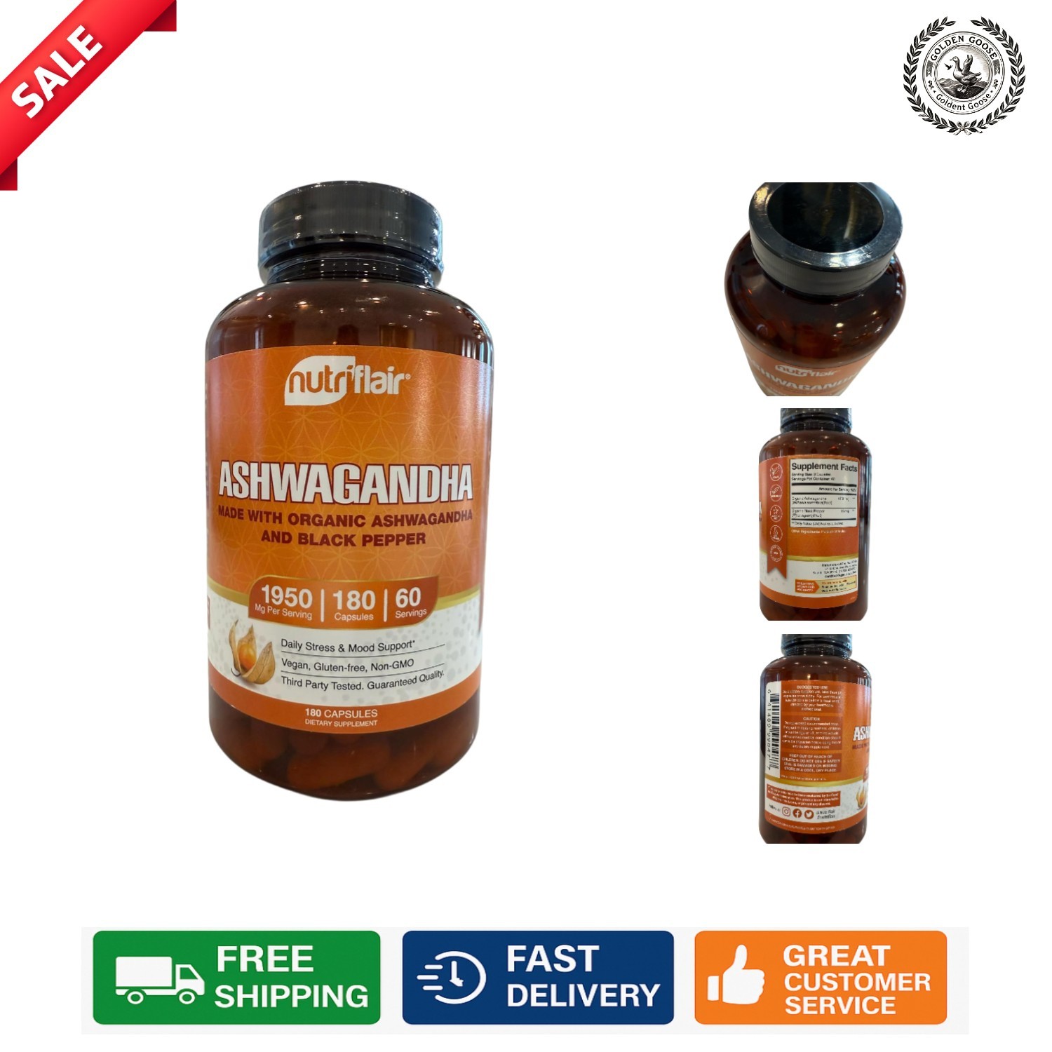 Organic Ashwagandha Capsules with Black Pepper – 180 Count for Stress Relief
