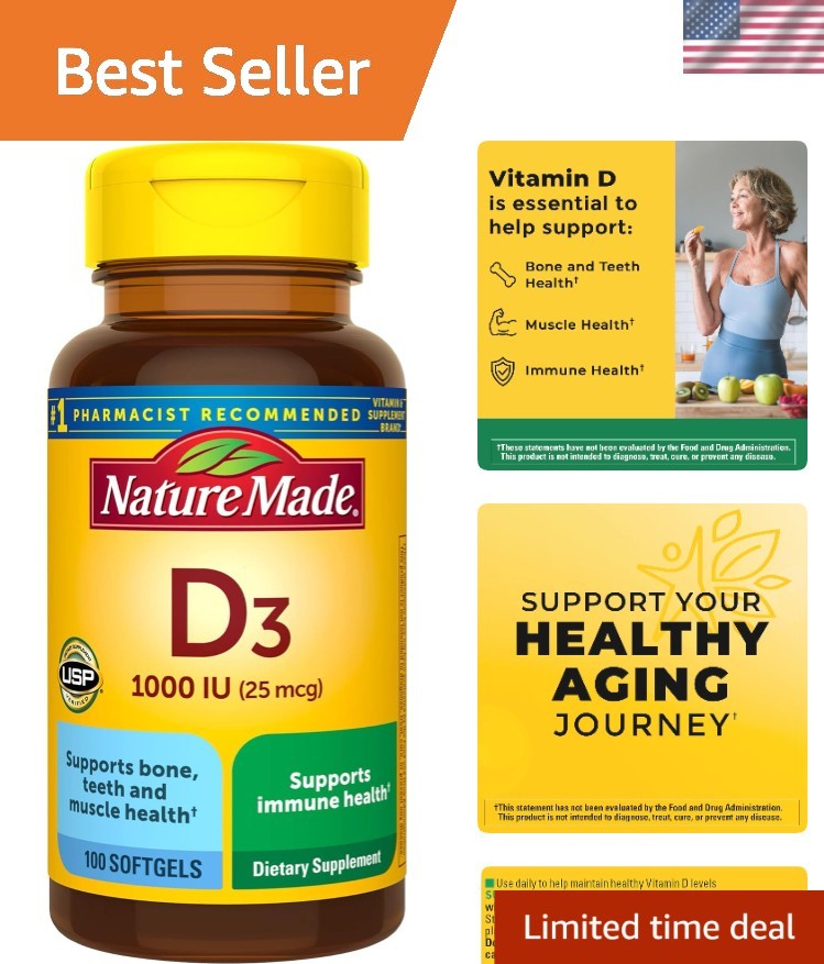 Gluten-Free Vitamin D3 1000 IU Softgels – 100 Count for Immune & Muscle Health