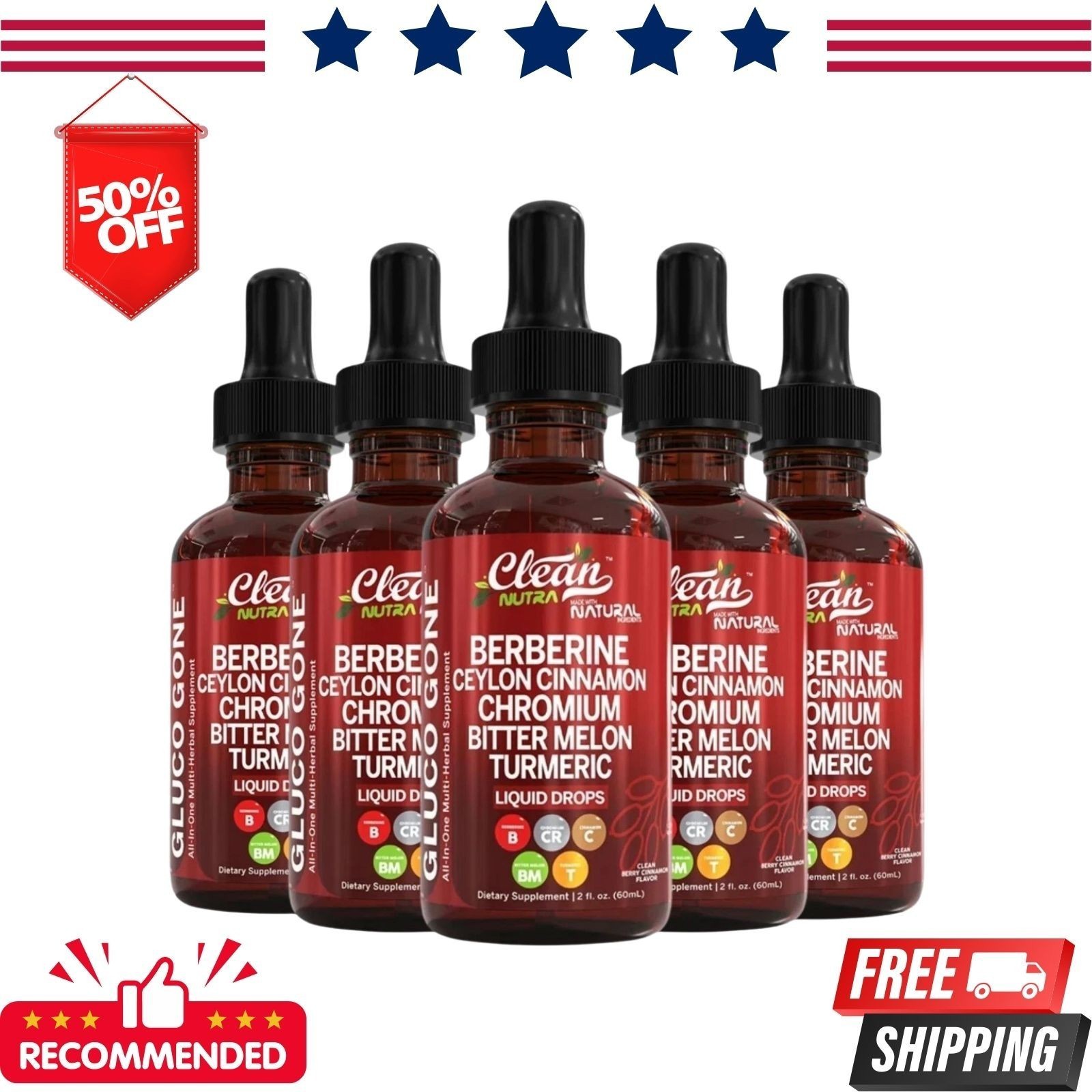 Clean Nutra Berberine with Ceylon Cinnamon Supplement Liquid Drops 5pack USA-