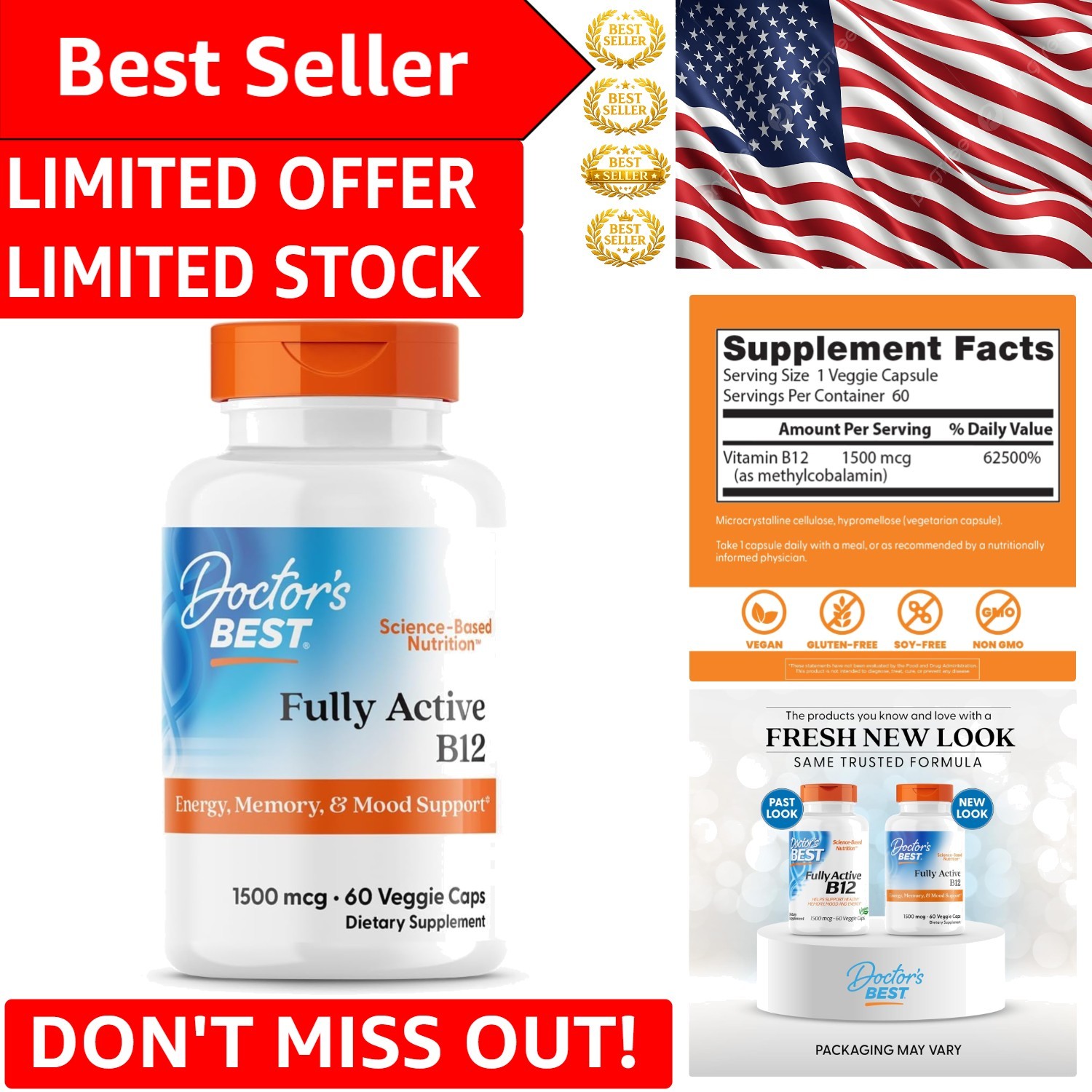 Fully Active B12 1500 mcg  Softgels – Supports Mood & Memory, 60 Count
