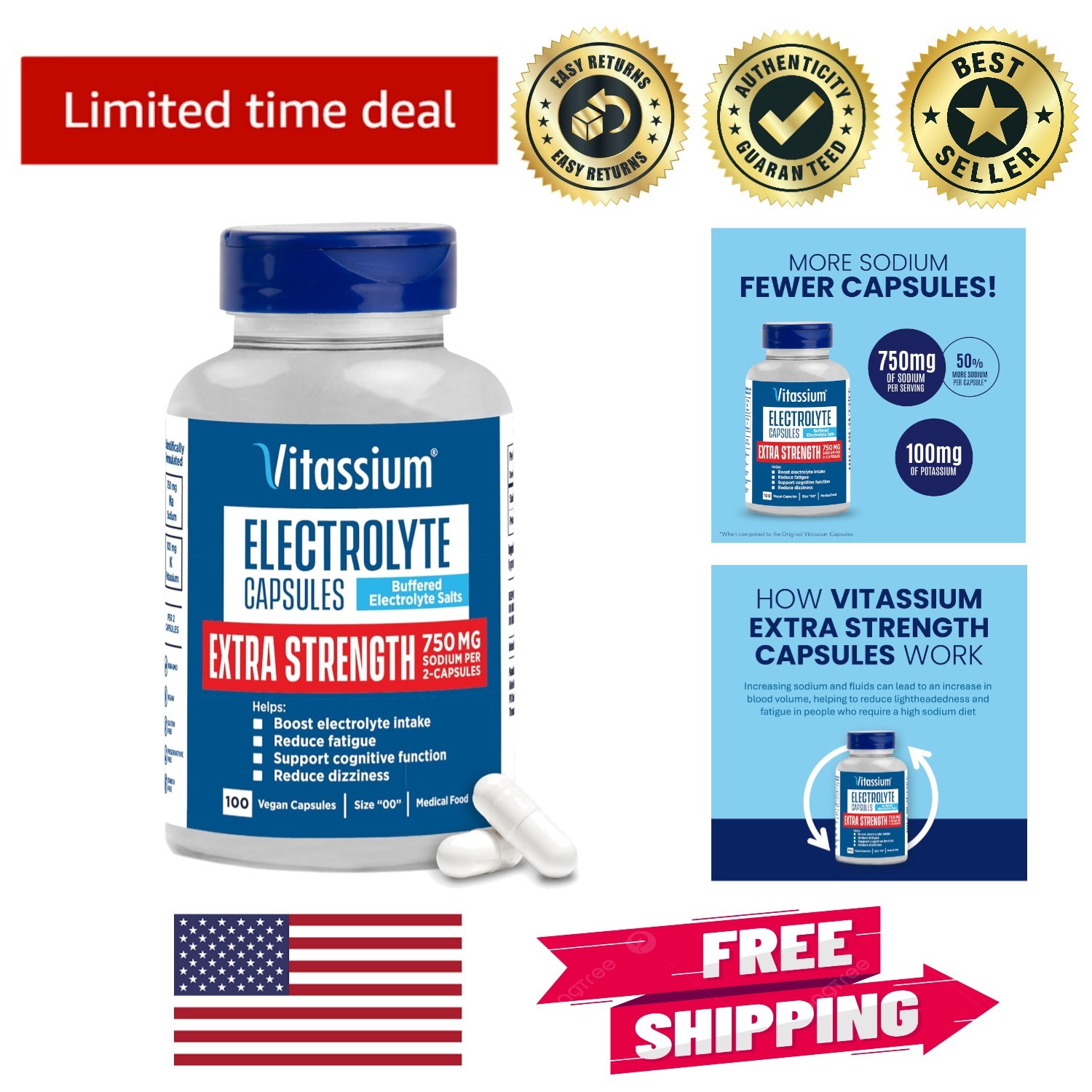 Extra Strength Electrolyte Capsules – 750mg Sodium & 150mg Potassium, 100 Count