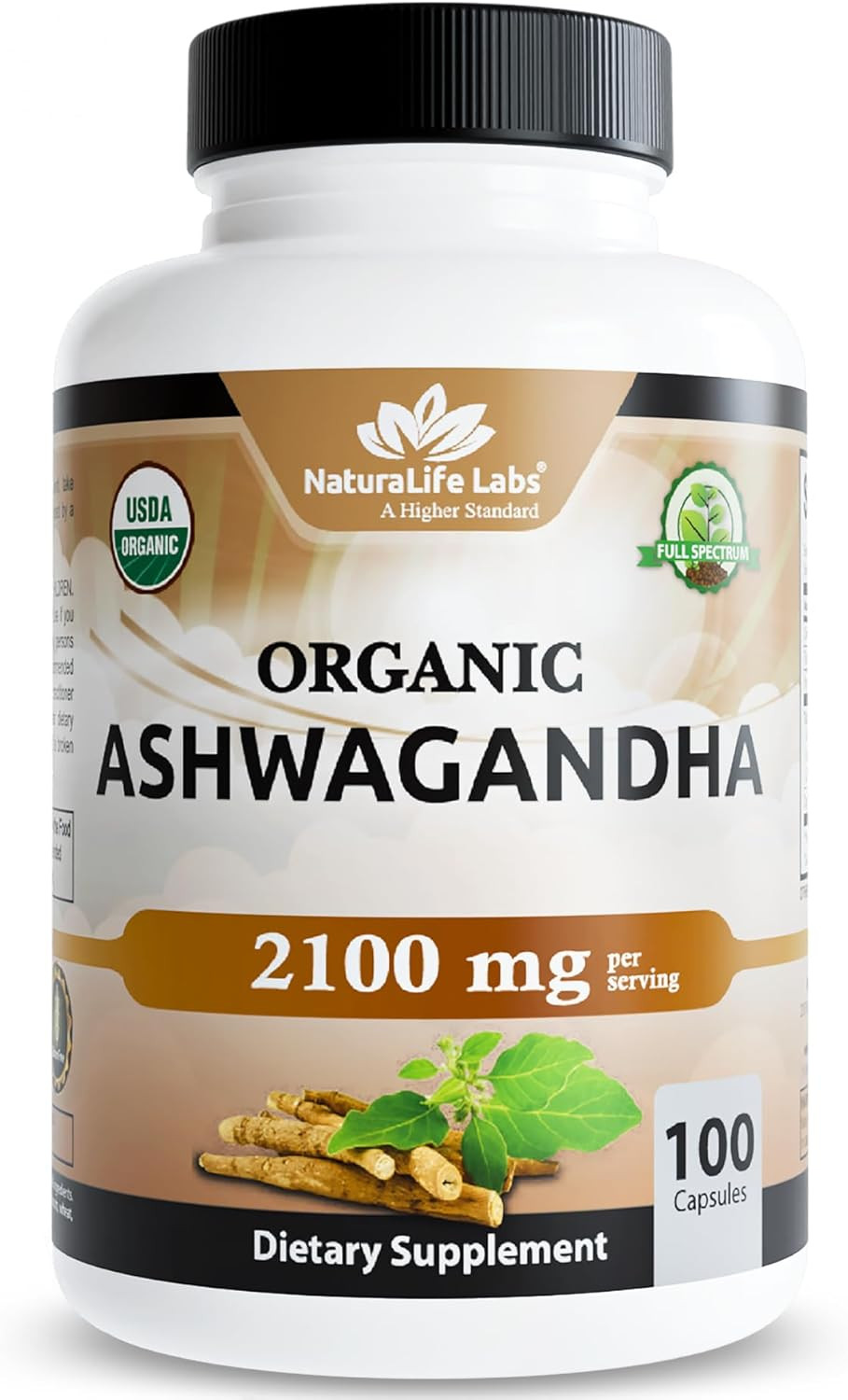 Organic Ashwagandha 2100 Mg per Serving – Root Powder & Extract – 100 Capsules –