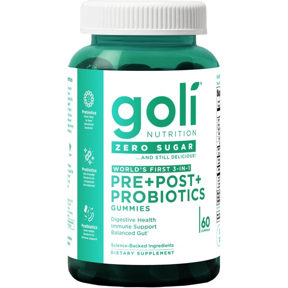 Goli 3-in-1 Gut Health Gummies,Pre Pro Postbiotic, Zero Sugar,Vegan
