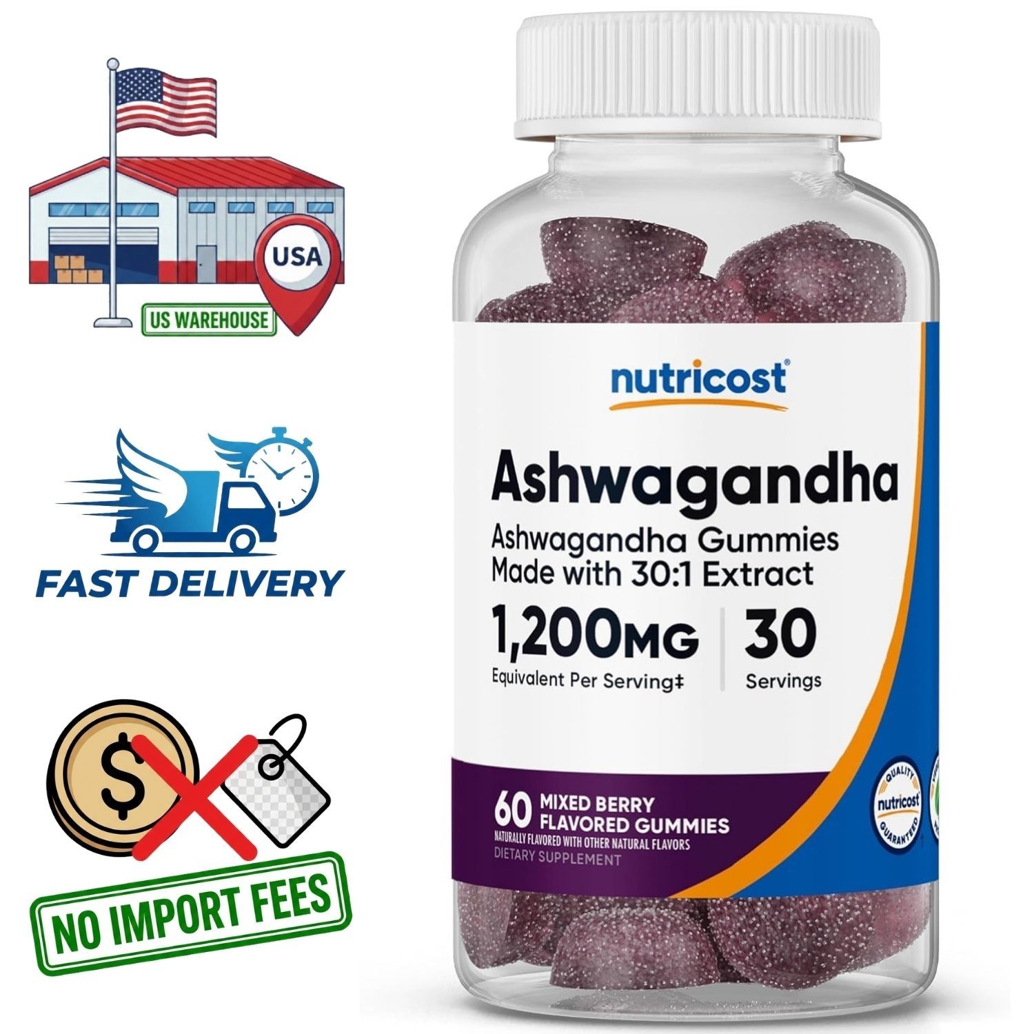 Ashwagandha Extracto de Raíz Gomitas 1200mg | 60 Ct | Sabor Frutos del Bosque