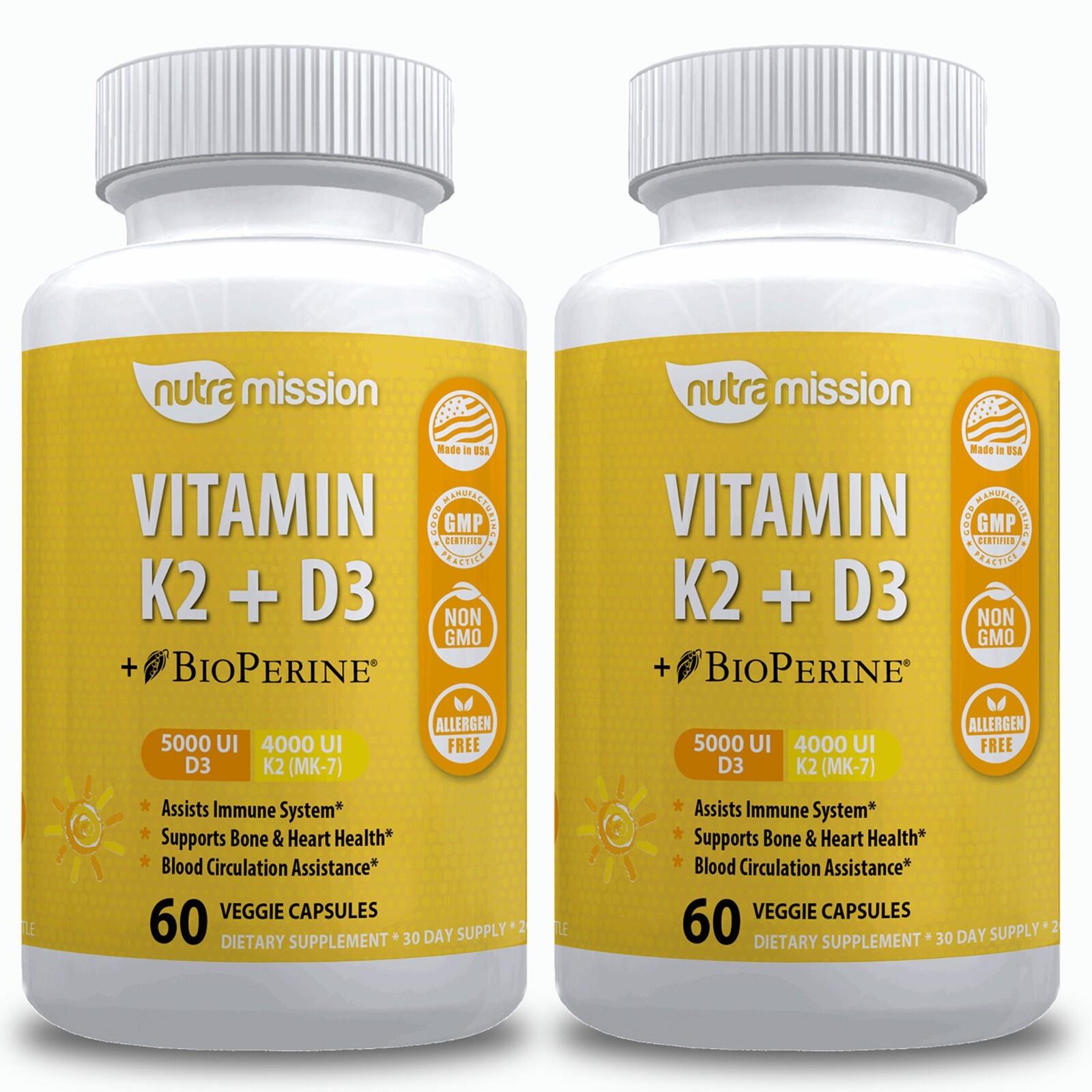 Vitamin D3 5000 IU & K2 (MK-7) 4000 UI Supplement, BioPerine Capsules 2-Pack