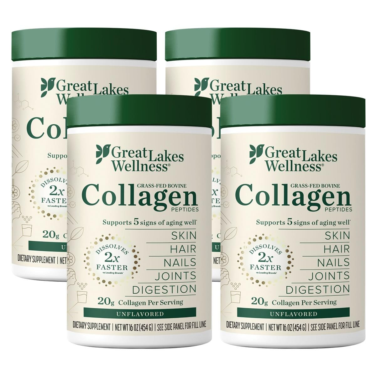 Great Lakes Collagen Peptides Powder Supplement for Skin Hair Nail Joints 4 Pack