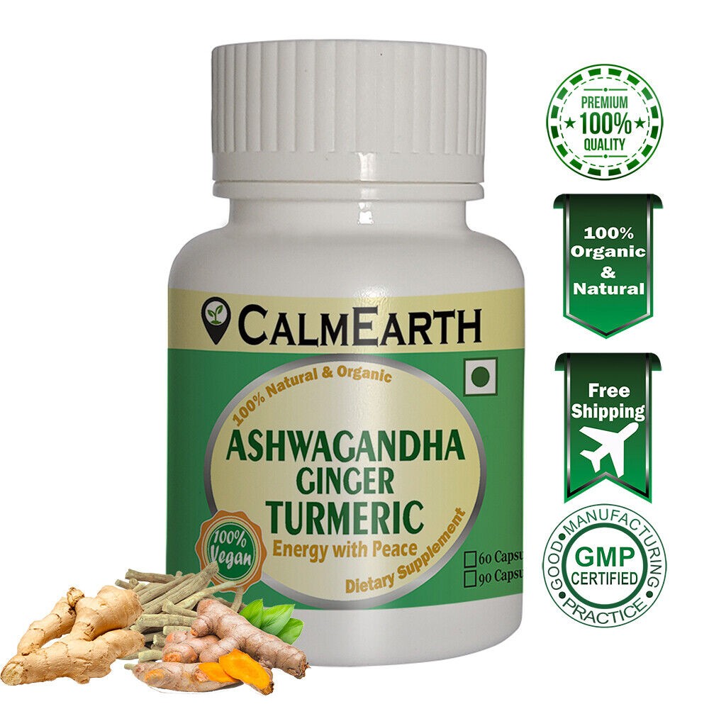 CalmEarth Ashwagandha Ginger Turmeric Organic Herbal Capsule 100% Pure