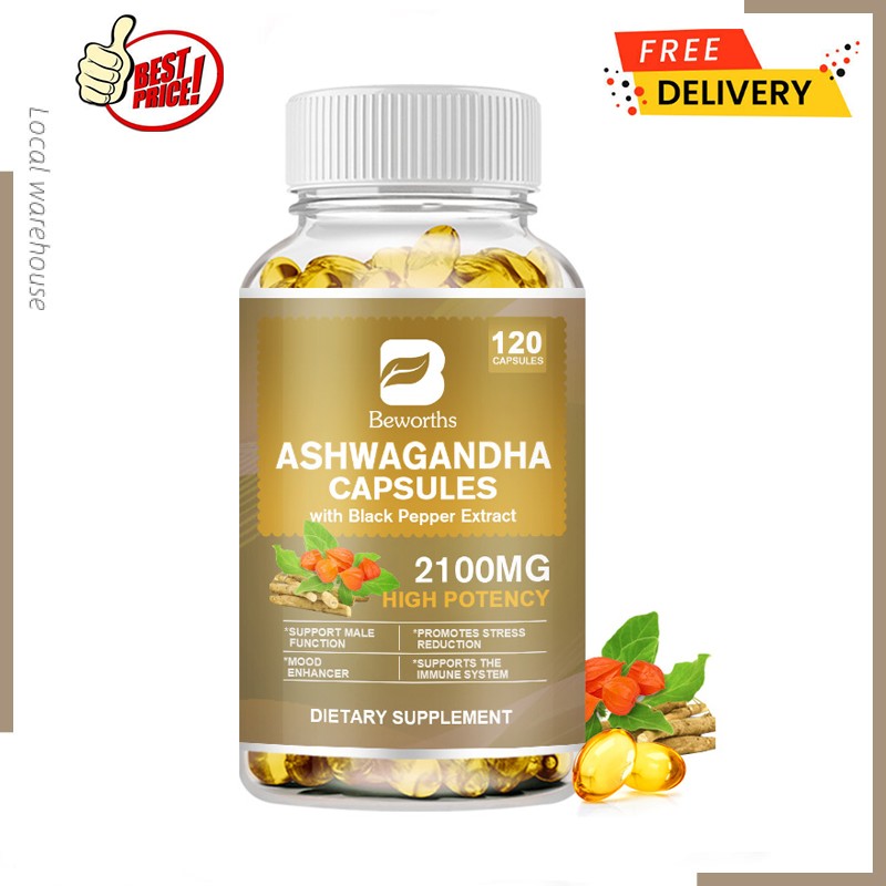 Organic Ashwagandha Capsules 2100 MG with Black Pepper Root Powder 120 Capsules