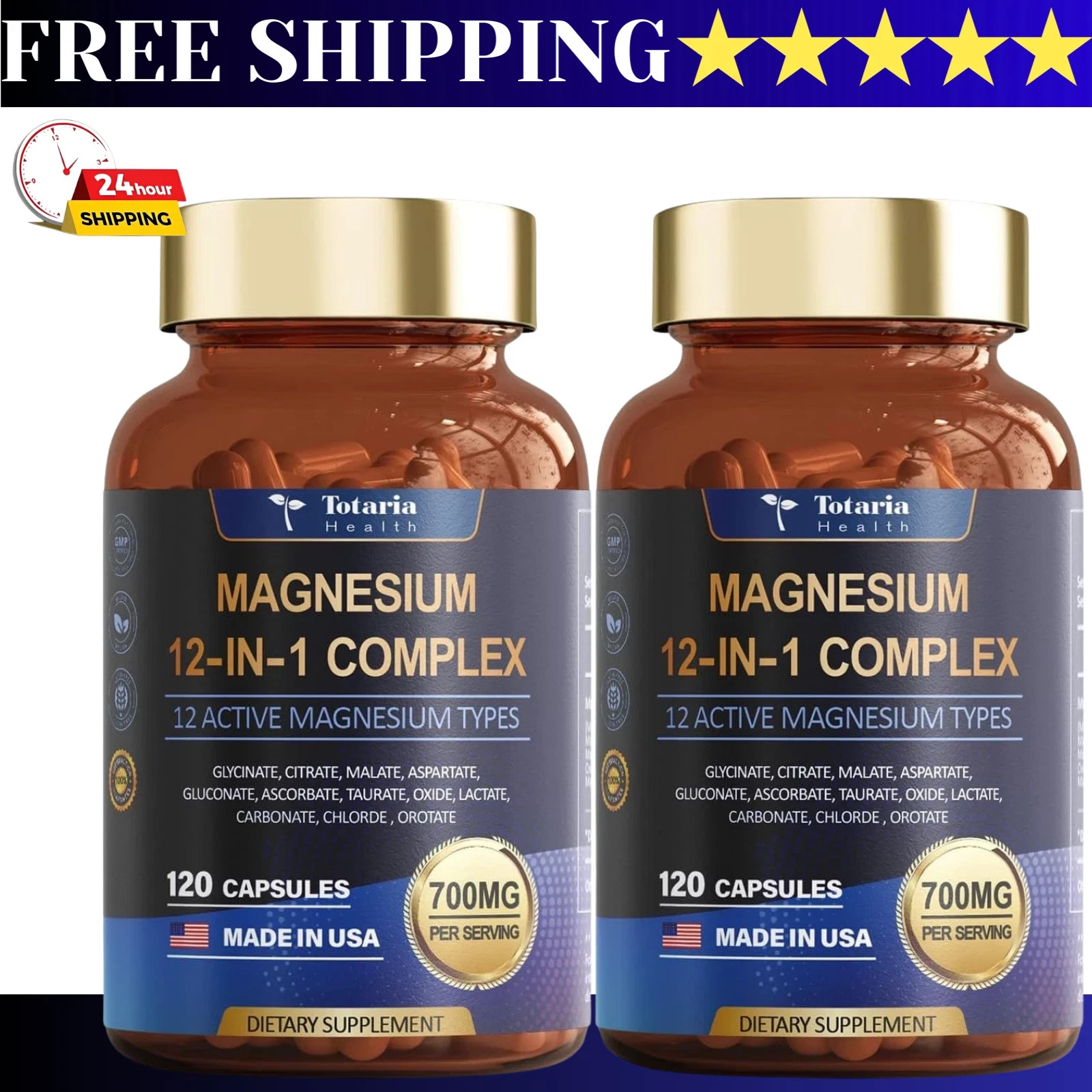 2 PACK Magnesium 12 in 1 Complex 700mg -Dietary Supplement 120 capsules