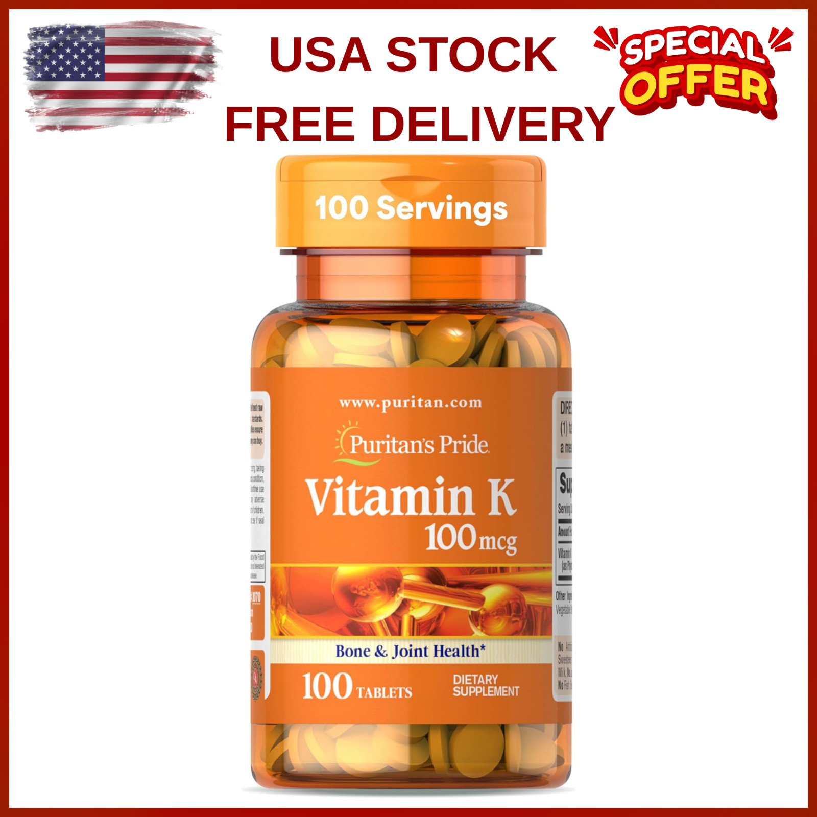 Puritan’s Pride Vitamin K 100mcg 100 Tablets Bone & Blood Support