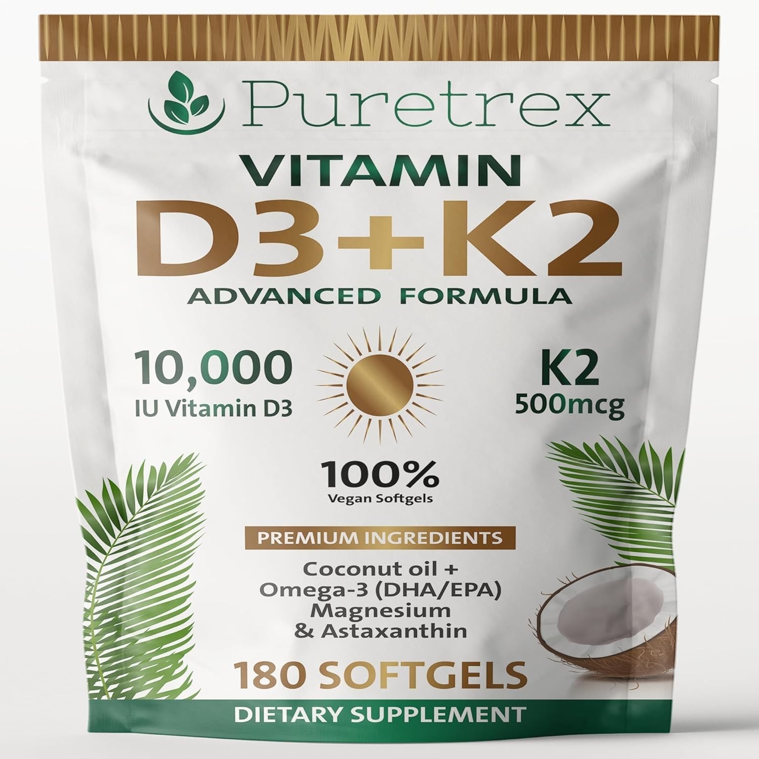 PURETREX Vitamin D3 10,000 IU + K2 MK-7 (500mcg) | High-Strength Vegan D3 from L