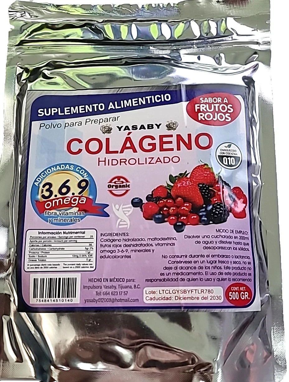 1X Colageno Hidrolizado 500g, Omega 3-6-9 ( Q10 )(Sabor Frutos Rojos ) ( 1 Bag )