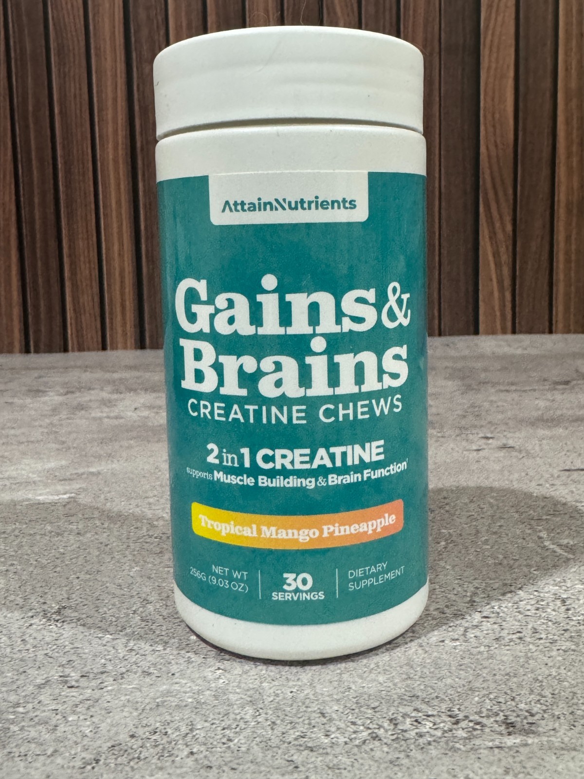 Gains & Brains Creatine Chews Tropical Mango Pineapple 30 Servings AttainNutrien