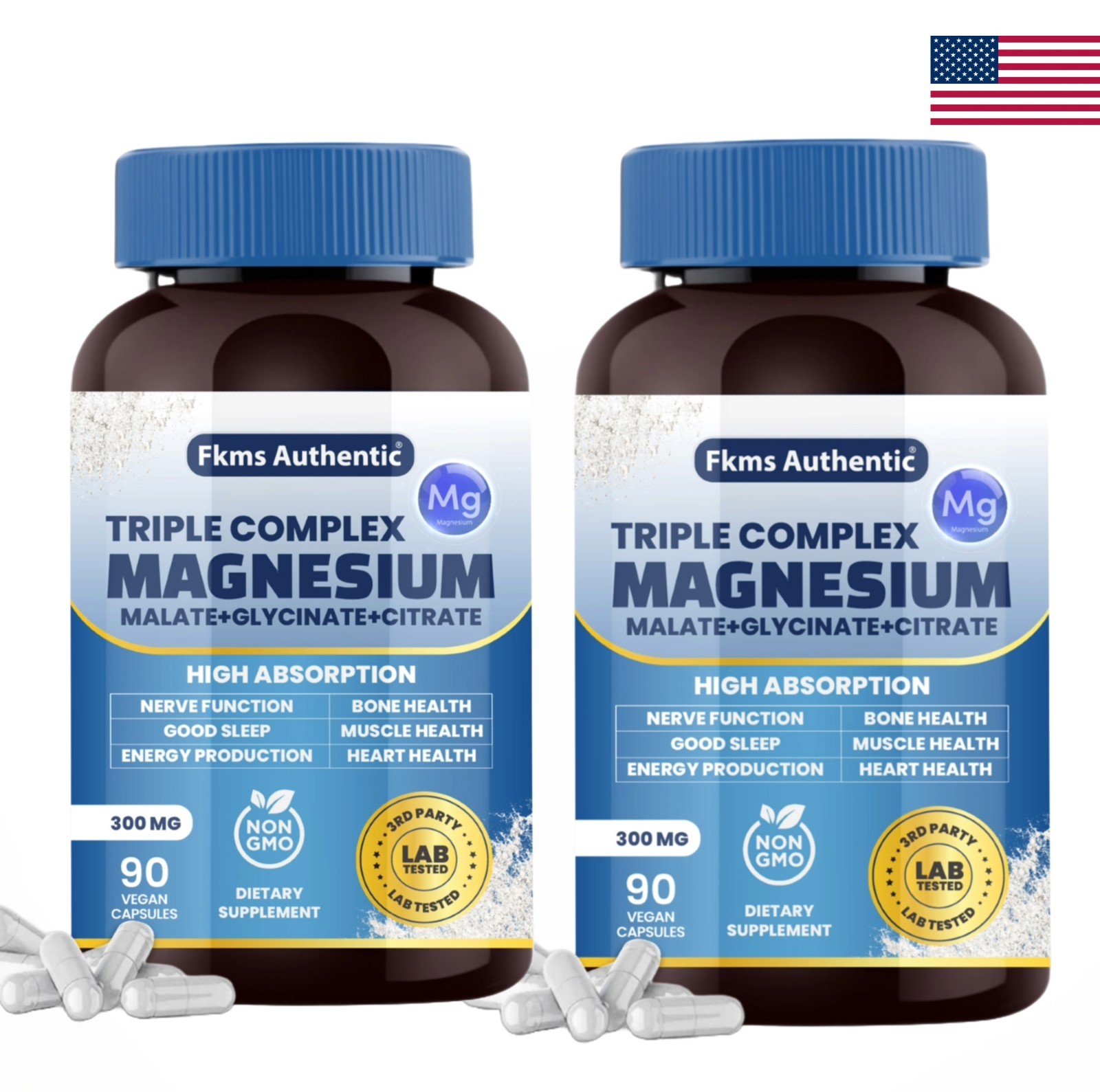 2 pc Triple Magnesium Complex 300mg, Magnesium Glycinate, Citrate and Malate 90c