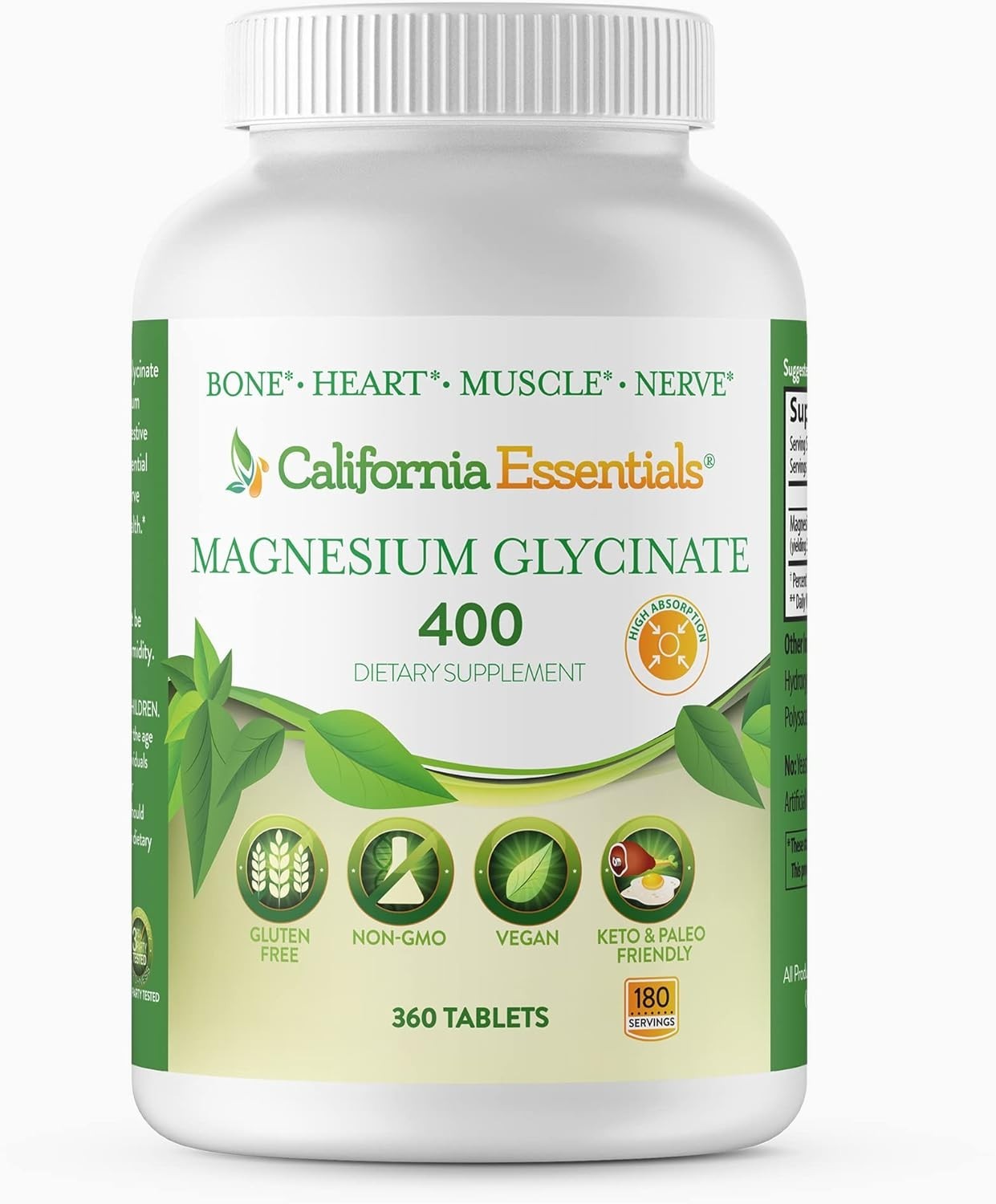 Magnesium Glycinate 400mg – Chelated High Absorption, Gluten-Free, Tablets