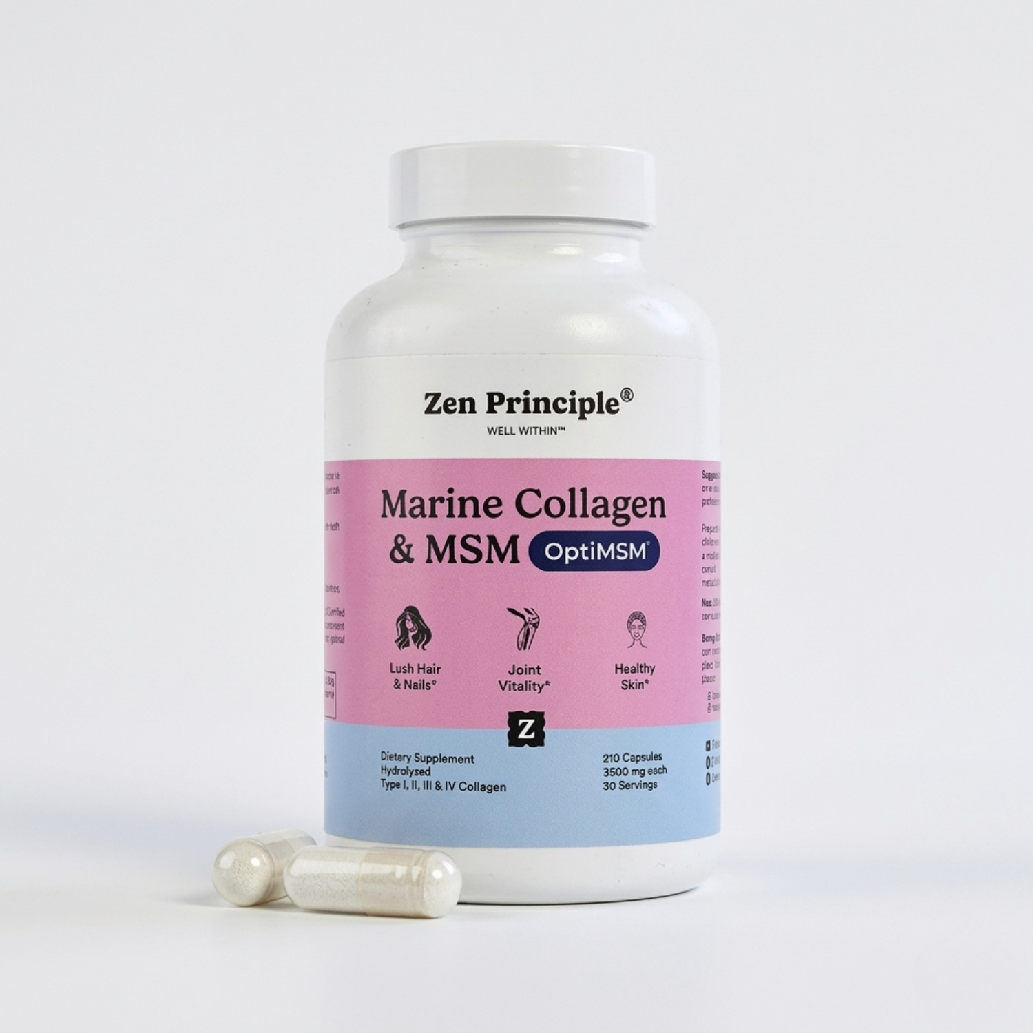 Marine Collagen Peptides Powder with OptiMSM® Supplement. 210 Capsules.