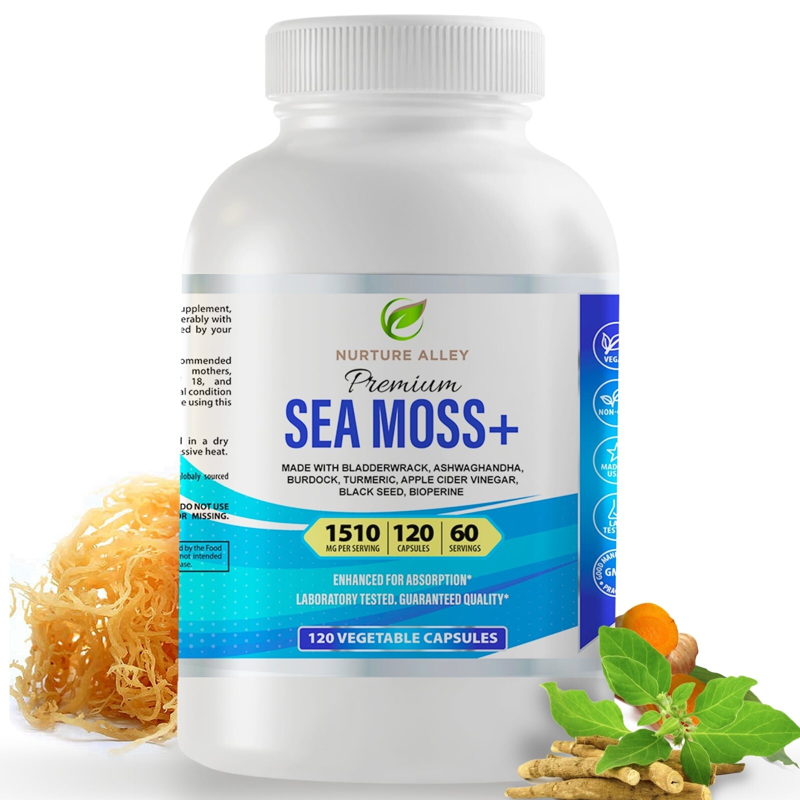 Sea Moss 1510mg Bladderwrack Burdock Ashwagandha Turmeric 120 Caps Immune Detox