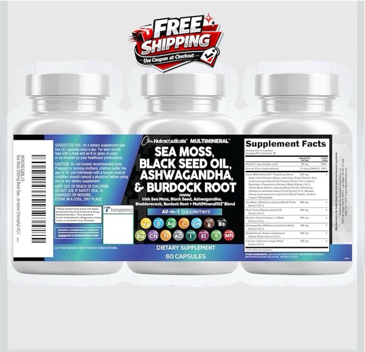 Clean Nutraceuticals | Sea Moss Black Seed Oil Ashwagandha| EXP 01/2027