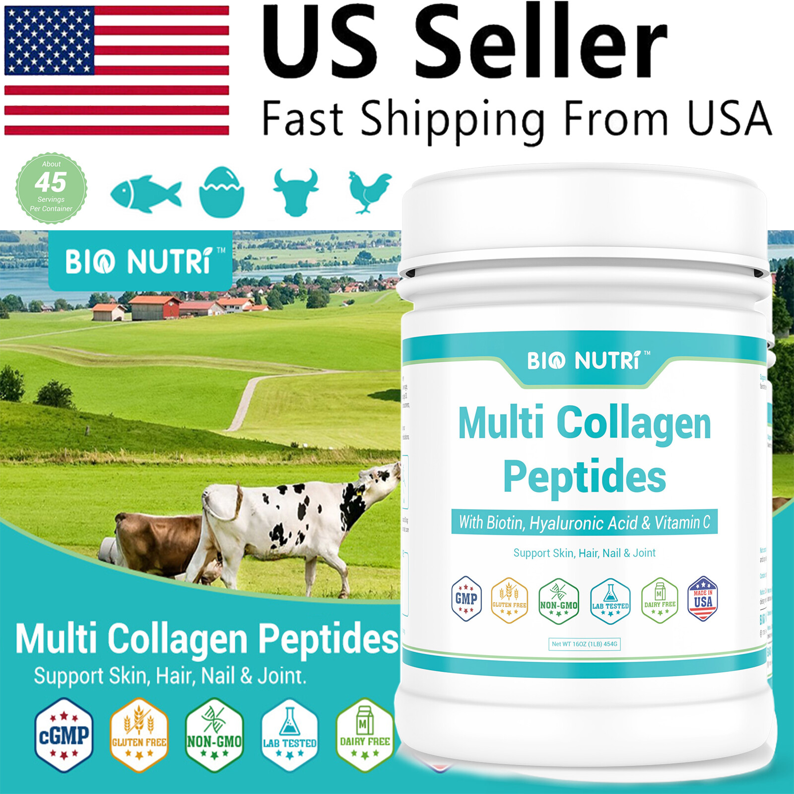 16OZ Multi Collagen Protein Powder Hydrolyzed Peptides Supports Skin & Joint