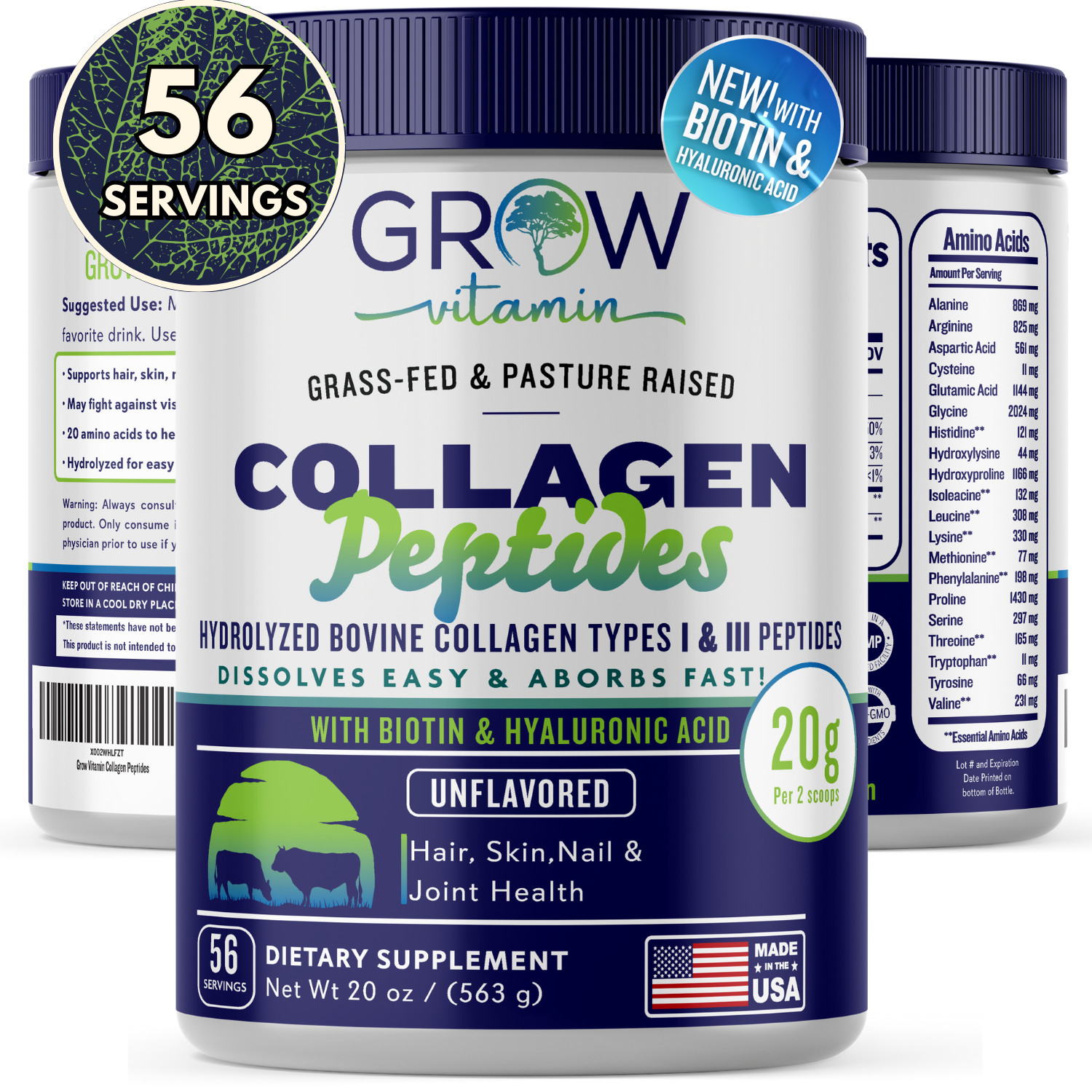 Collagen Peptides Powder Hydrolyzed Protein Types 1&3 Anti-aging WITH BIOTIN