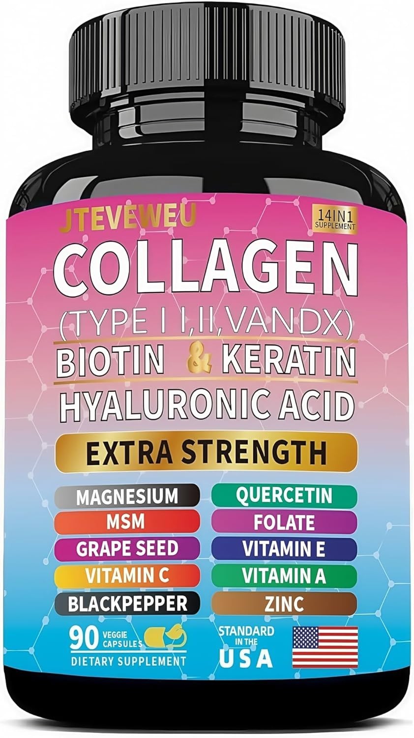 JTEVEweu Collagen Supplement with Biotin, Keratin, Hyaluronic Acid – 90 capsules