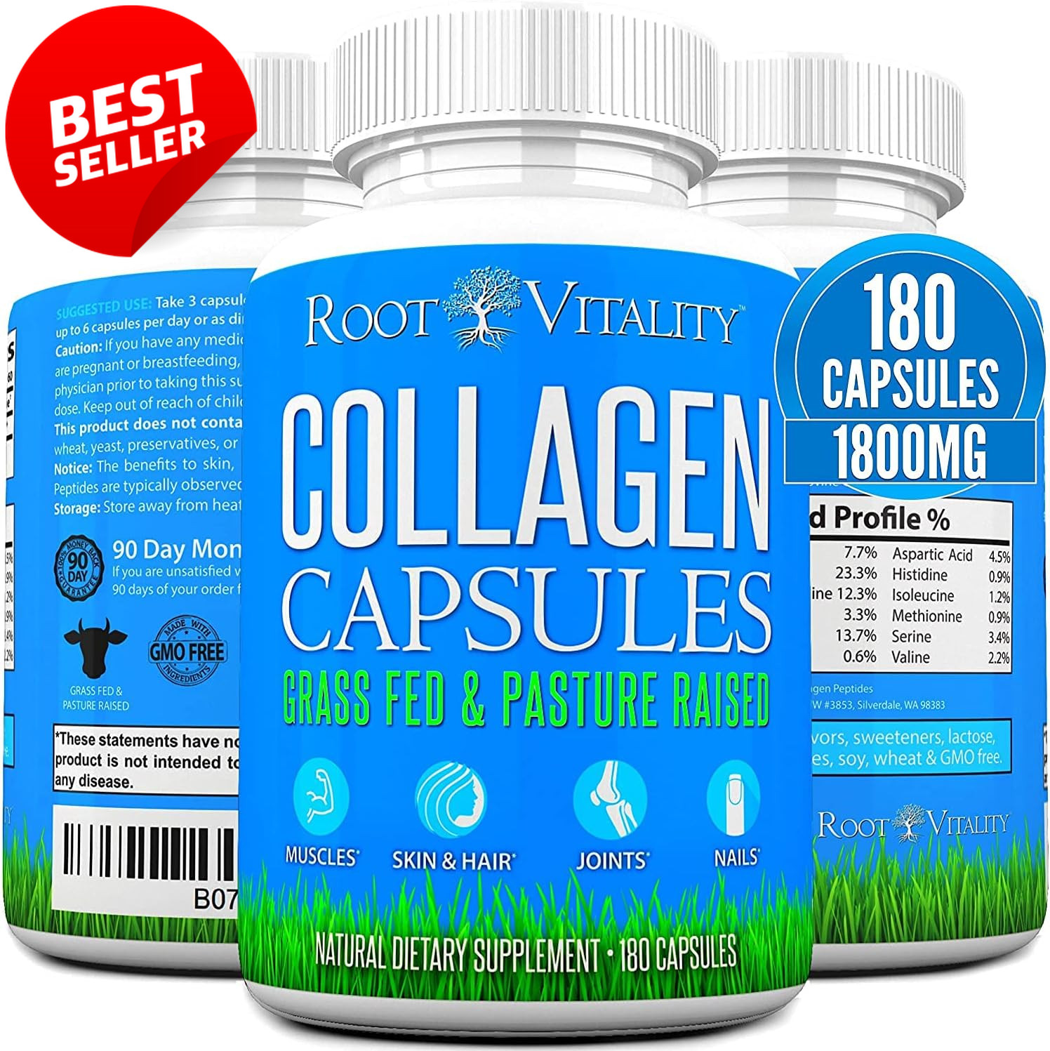 Collagen Peptides Capsules Grass Fed Hydrolyzed Protein Skin Hair Nails 180 US