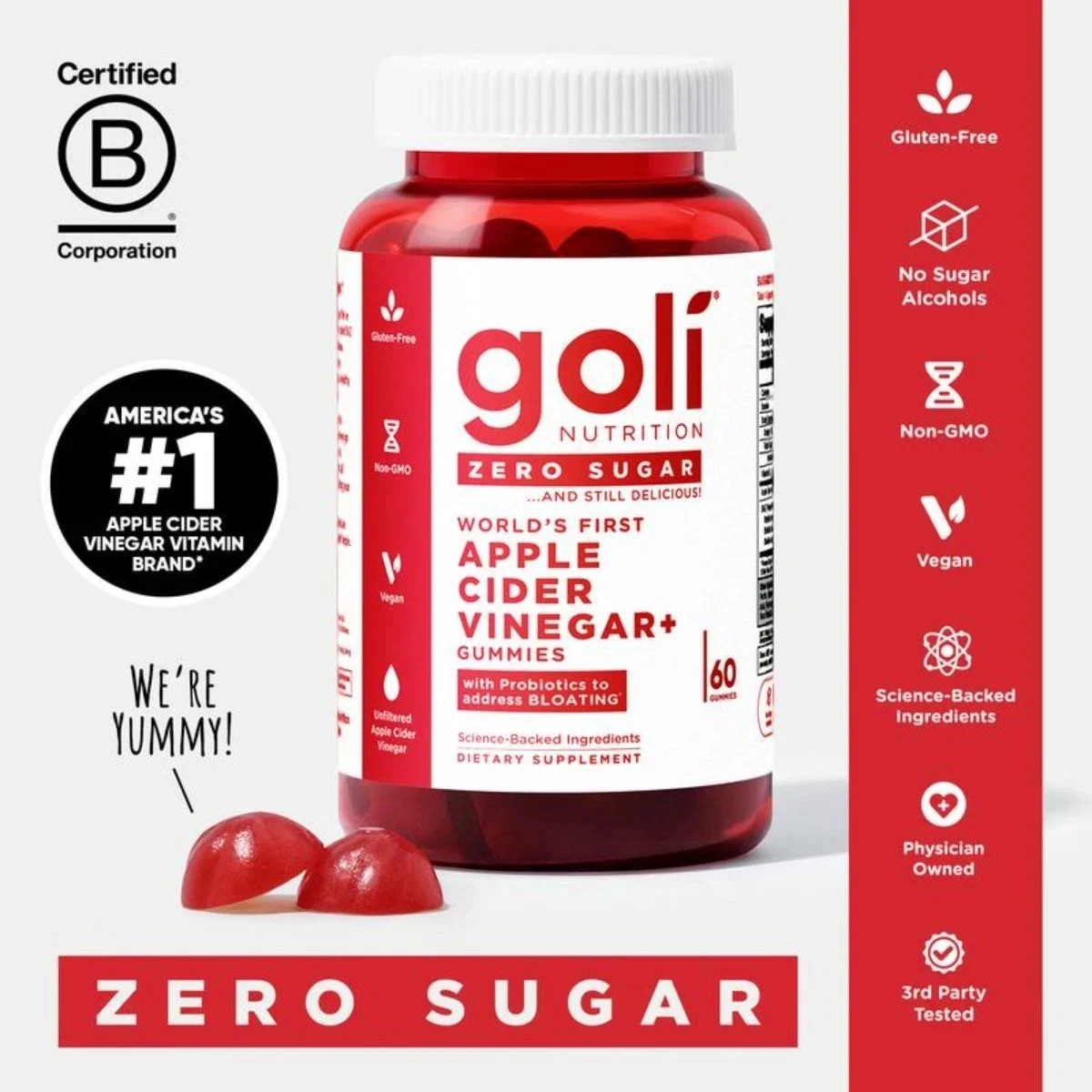 Zero Sugar Apple Cider Vinegar Gummies – Vitamin B12, Probiotics -60 Count