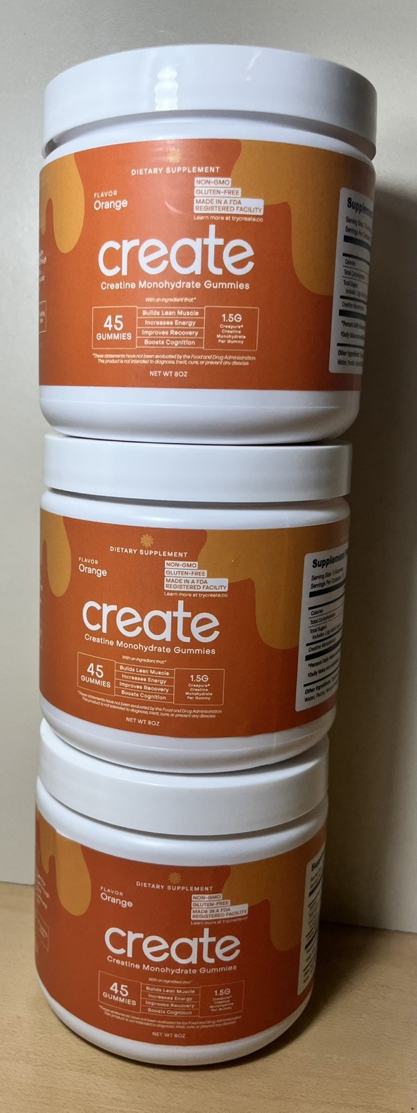 Create Creatine Monohydrate Gummy’s Three Containers 45 Gummies Each Orange ￼
