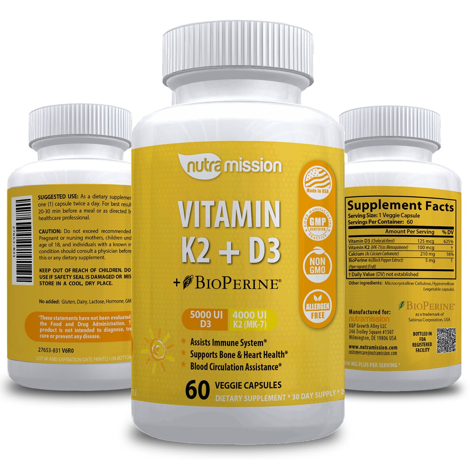 Vitamin D3 5000 IU & K2 (MK-7) 4000 UI Supplement, Immunity Heart Joint Health