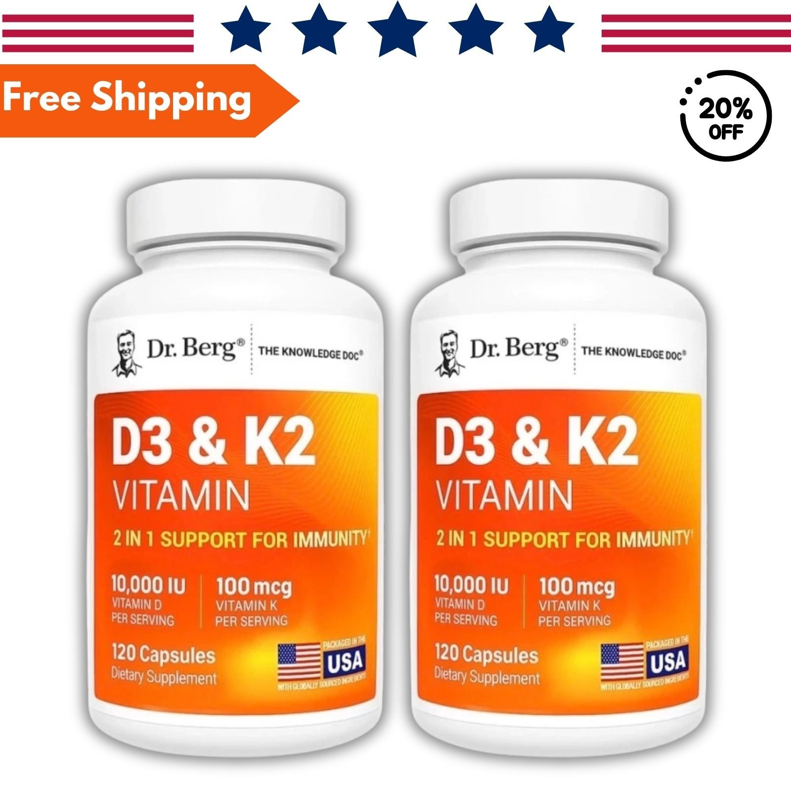 Dr. Berg’s Nutritionals 100mg Vitamin D3 & K2 Supplement 120 Capsules 2 Pack US