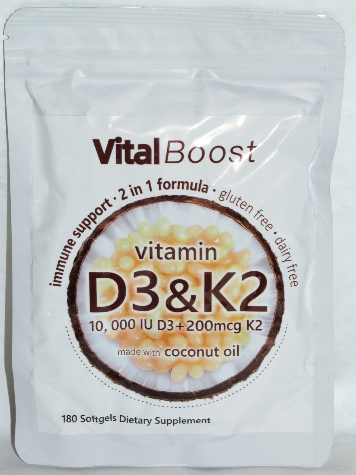 Vital Boost Vitamin D3 & K2 w/Coconut 180 Soft gels 12/2026 – Immune Support