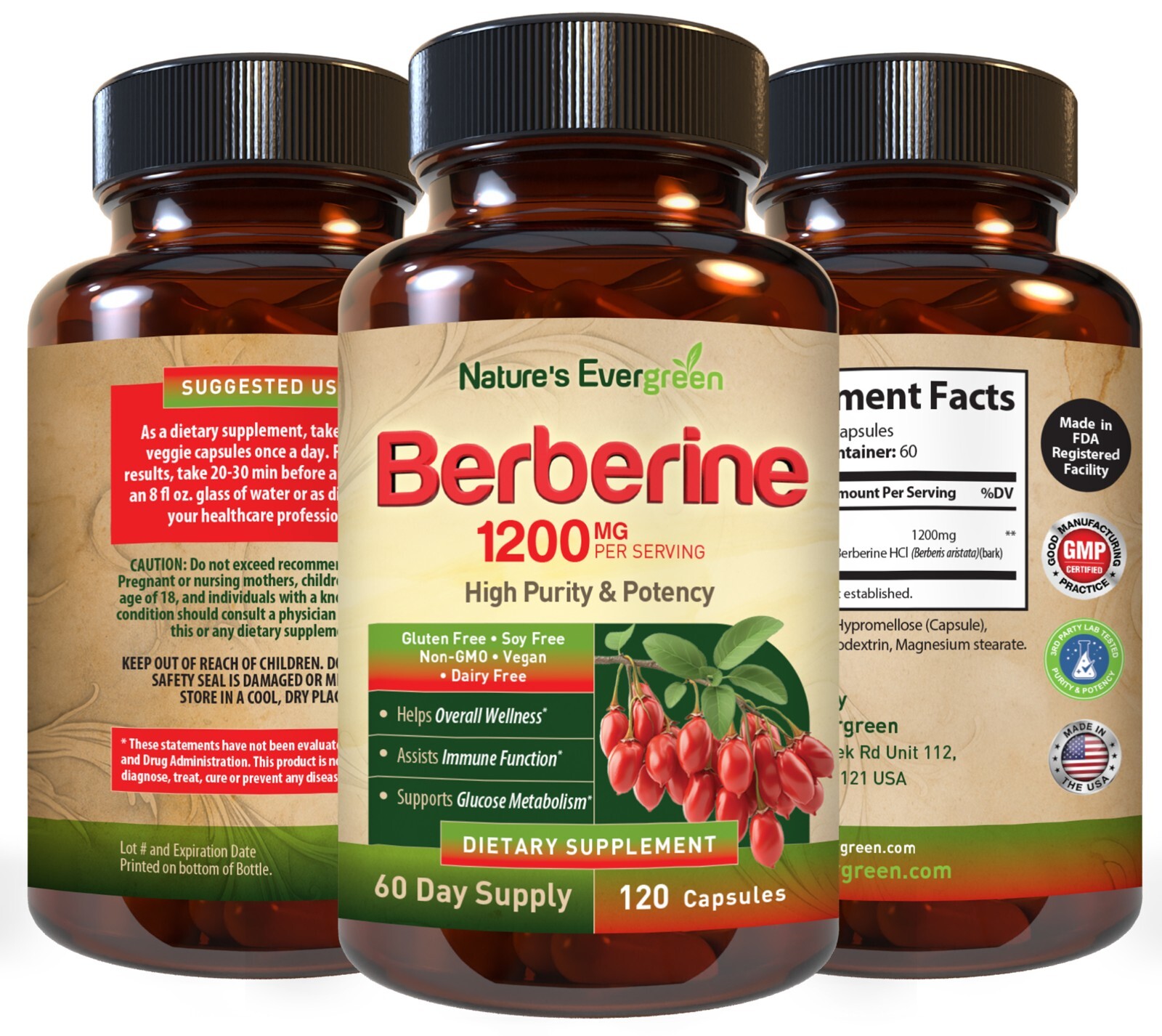 Premium Berberine HCL 1200mg Healthy Cholesterol Anti-inflammatory 60 Day -120ct