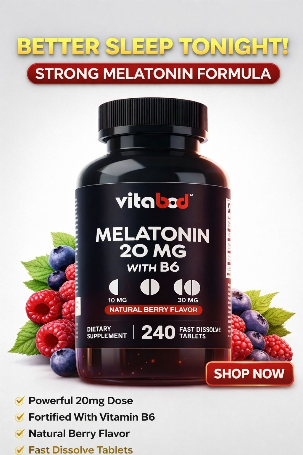 Melatonin 20mg High Potency Natural Sleep Aid Berry Flavor 240 Fast Dissolve TAB
