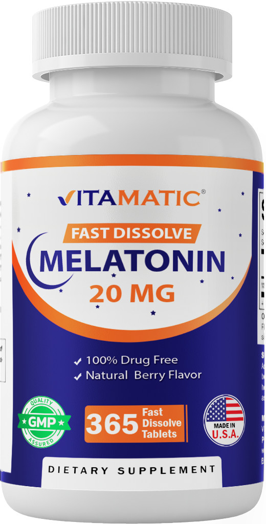 Vitamatic Melatonin 20mg – 1 Year Supply | Natural Berry Flavor – 365 Tablets