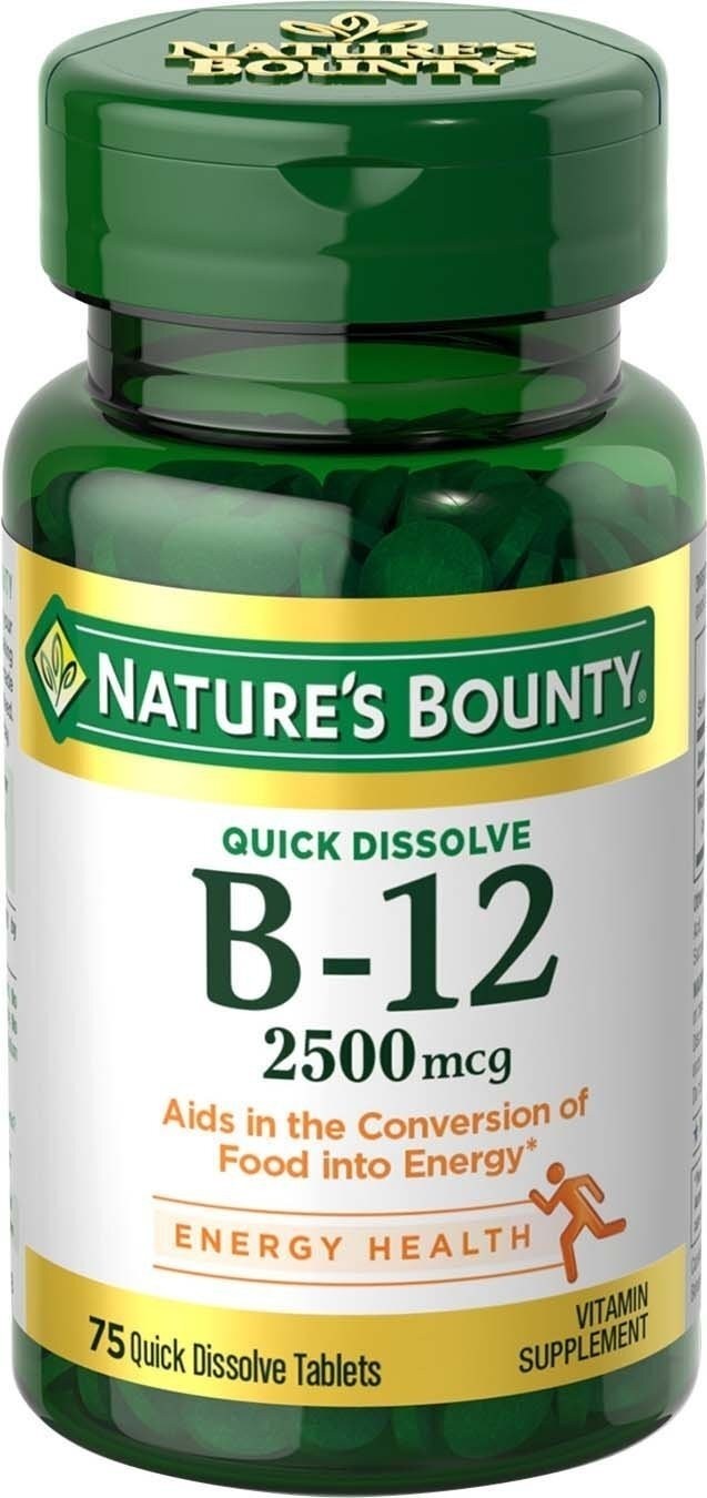 Nature’s Bounty Vitamin B-12 Supplement Quick Dissolve Tablets 2500 mcg 75 Ct