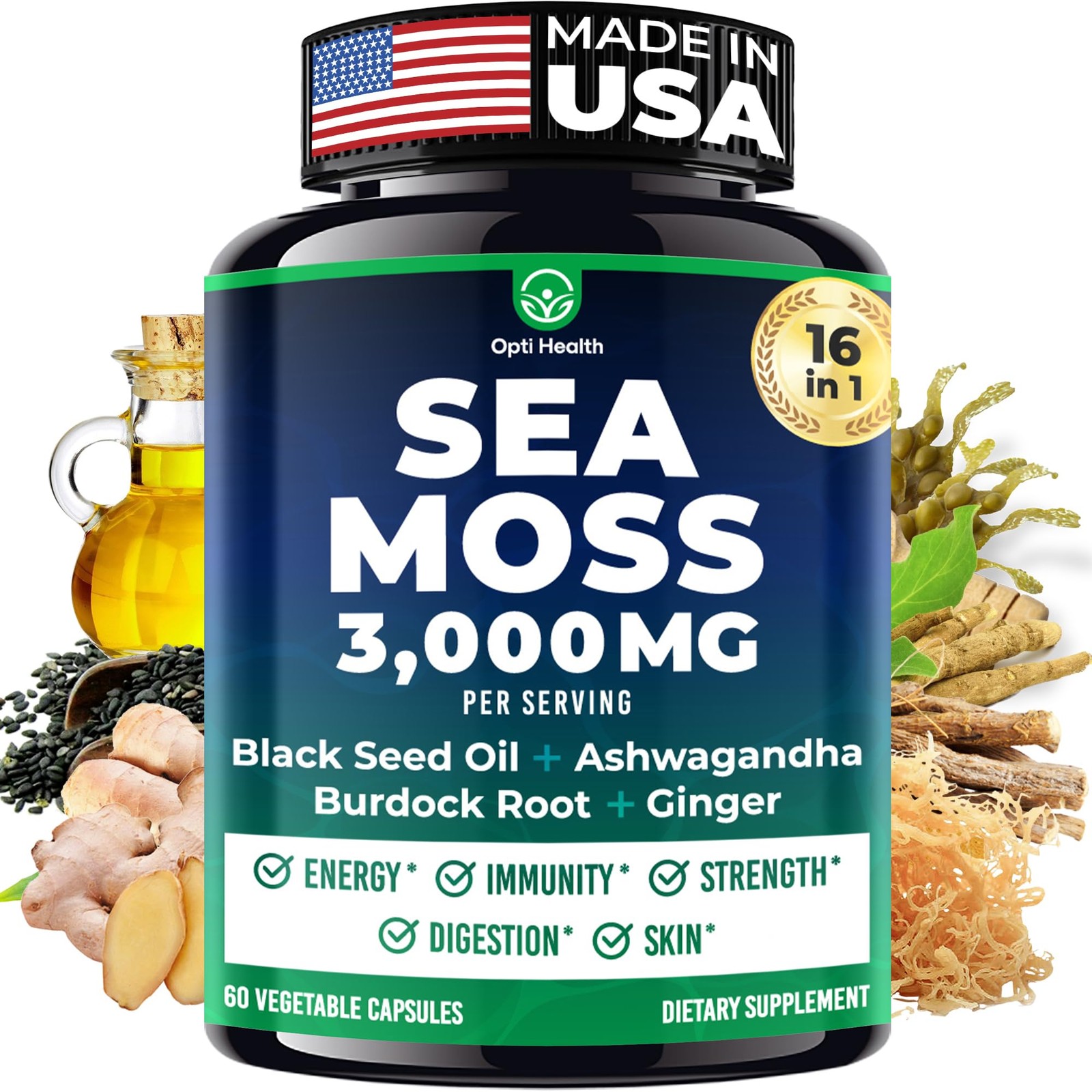 Irish Sea Moss 3000mg w/ Black Seed Oil Ashwagandha Burdock Root Bladderwrack