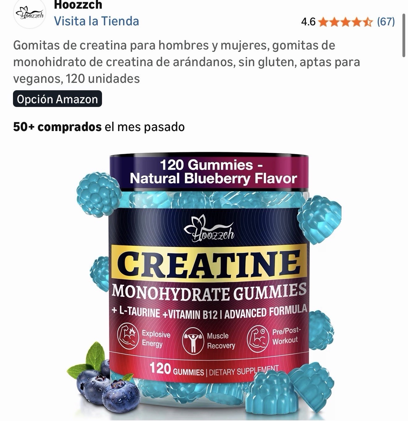 Hoozzch Creatine Monohydrate Gummies Natural Blueberry Vegan Gluten-Free 120