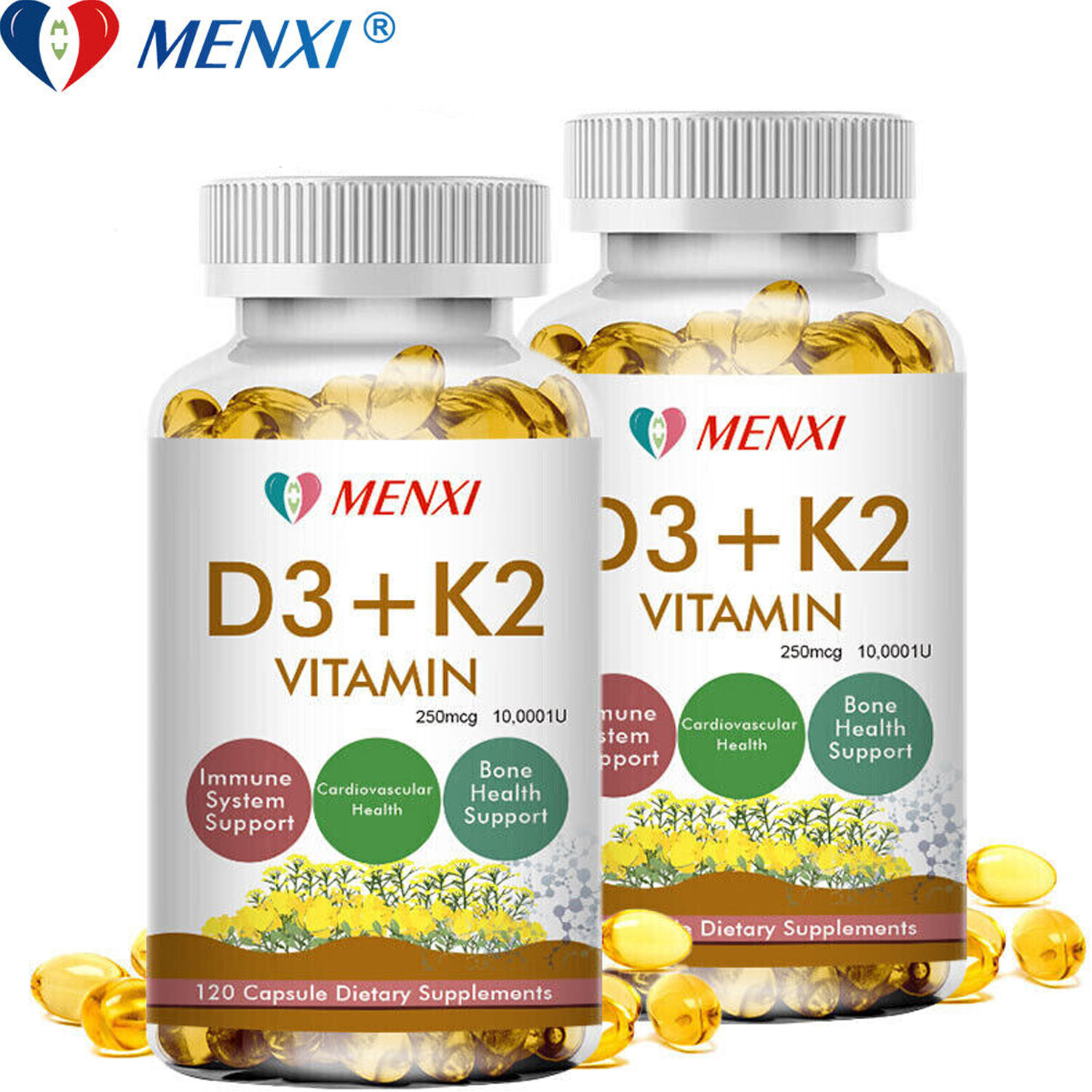 Vitamin D3 + K2 MK-7 Capsules 250mcg For Immune & Bone Health 10,000IU 2 Bottles
