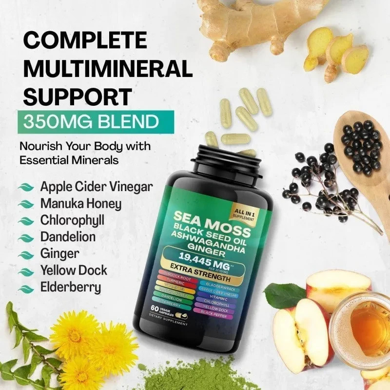 Sea Moss Ashwagandha Turmeric Black Seed Oil Daily Mineral Capsules 60 Capsules