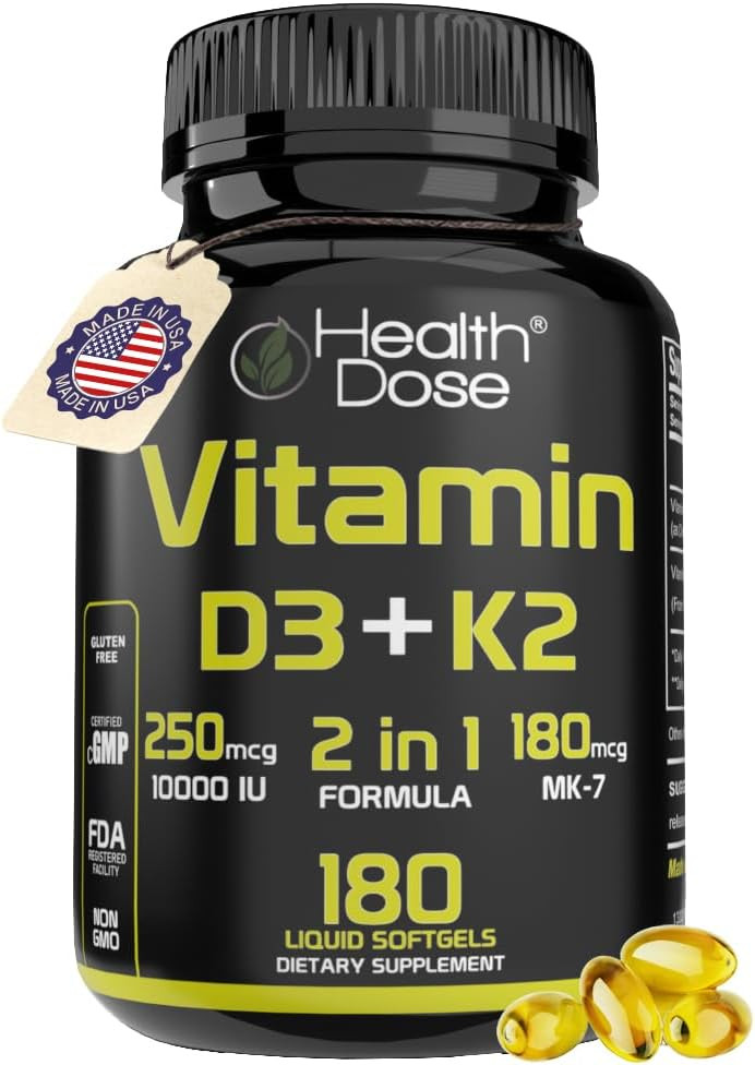 Health Dose Vitamin D3 10,000 IU + K2 (MK7) Supplement, 2-in-1 Formula, Immune S